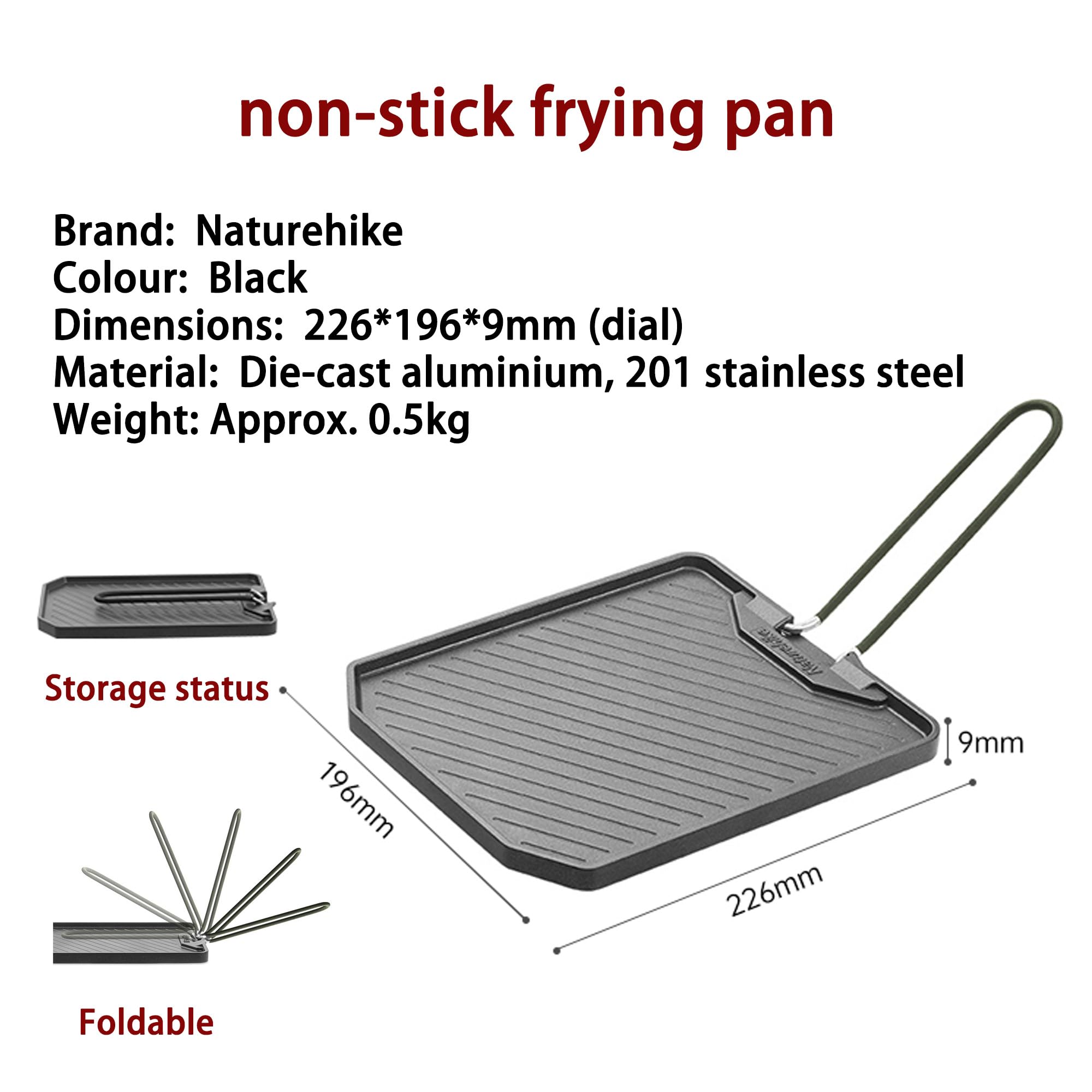 Naturehike patelnia nieprzywierająca, składany uchwyt, patelnia do grillowania na zewnątrz, aluminiowa patelnia do steków, przenośna i lekka (0,5 kg), łatwa do czyszczenia, nadaje się na kemping i