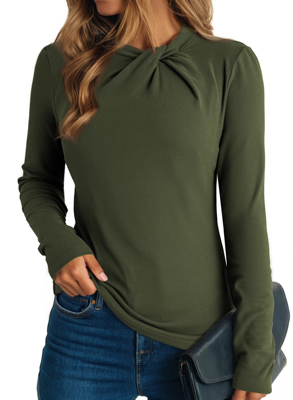 Dokotoo Womens Tops Business Casual Outfits Long Sleeve Shirts Mock Neck Twist Knot Slim Fit Soft Stretch Tees