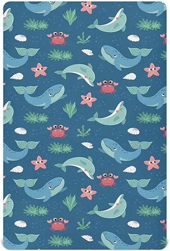 Cartoon Whale Crib Sheets - Stretchy Fitted Crib Sheets for Boys Girls, Unisex Cozy Baby Crib Sheet 27 x 39 x 5 Inches