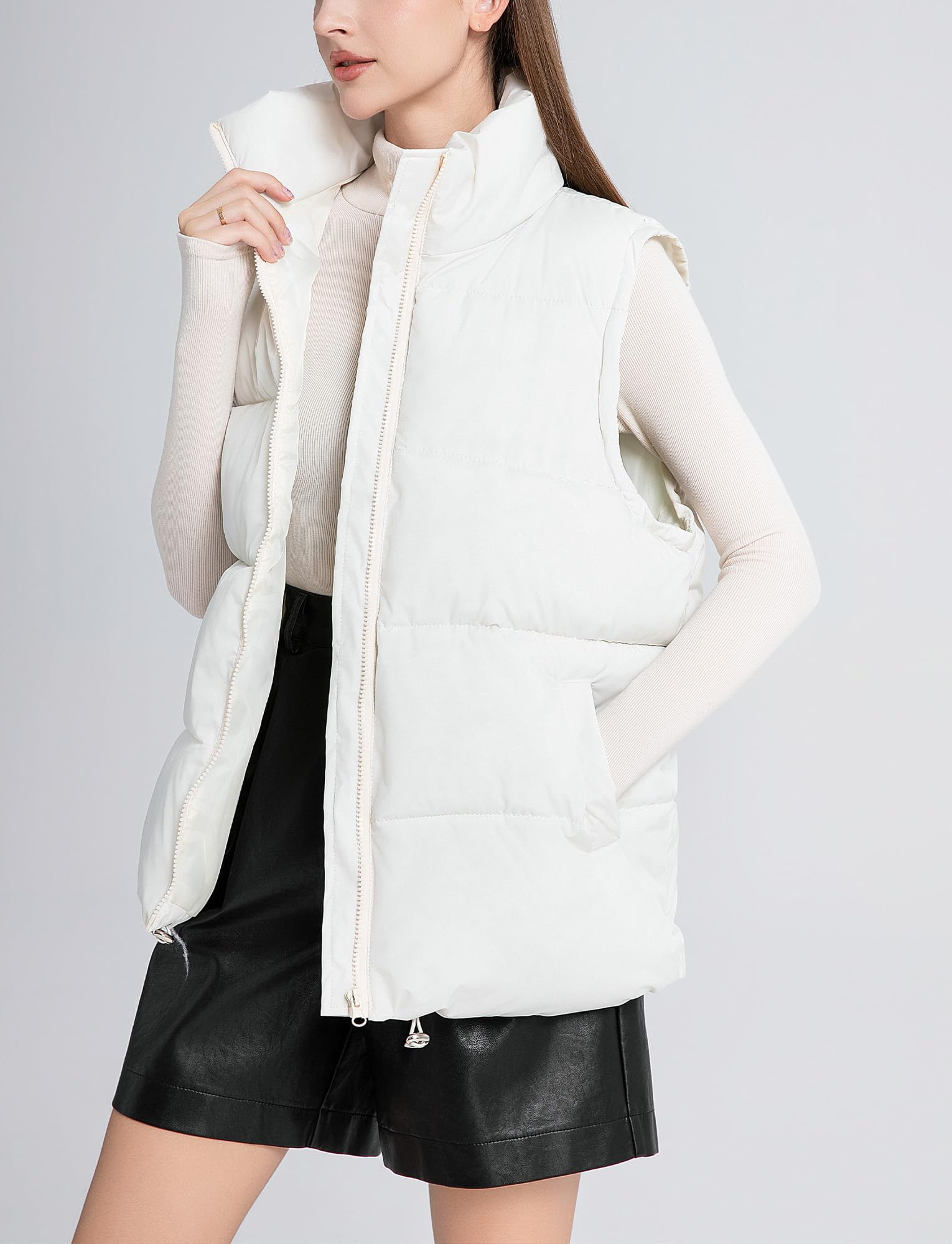 FEOYA Gilet matelassé pour femme avec col rembourré - Veste d'hiver sans manches coupe-vent avec poches