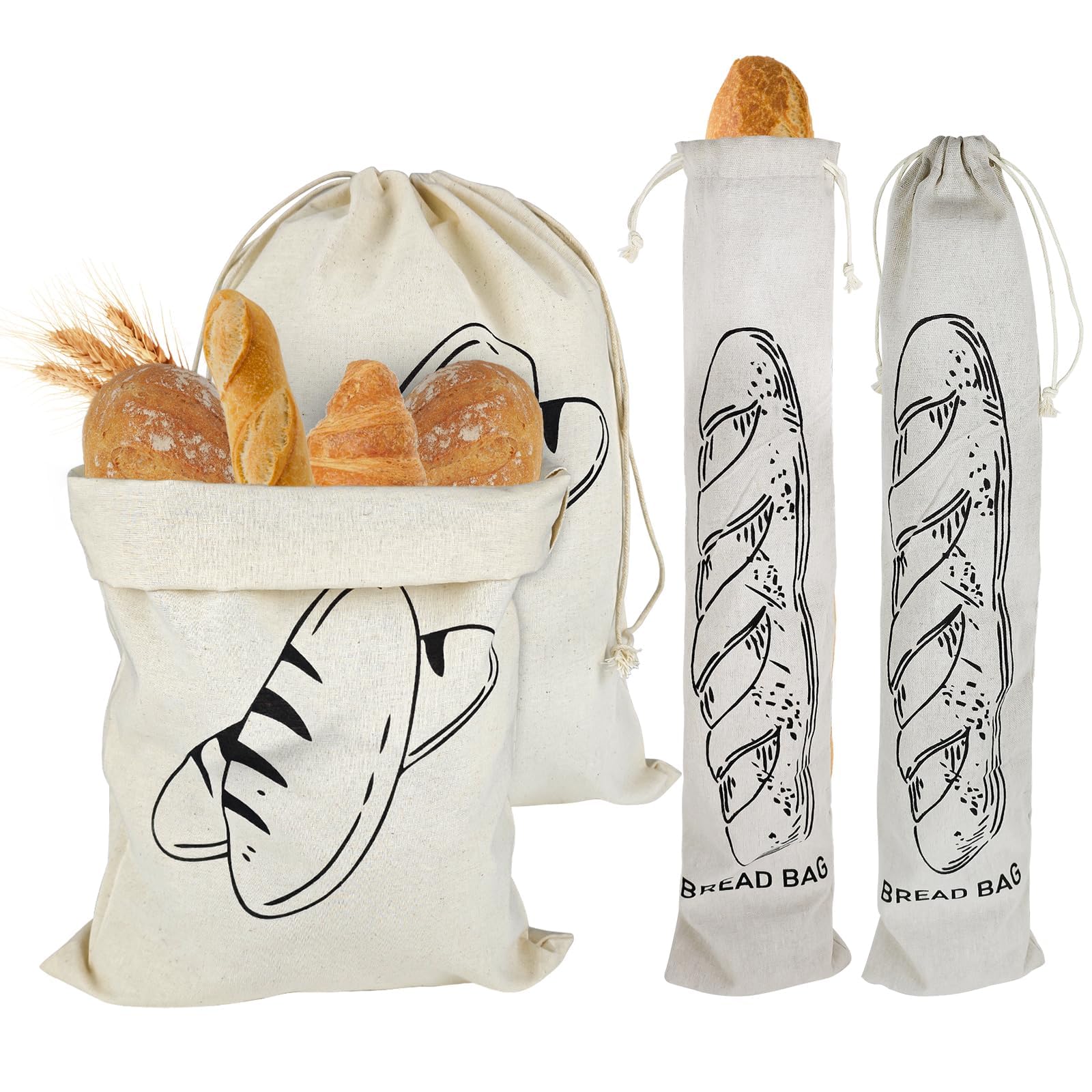 YUUTIAL Linen Bread Bags, Reusable Eco Drawstring Bread Bags 40x30cm 2PC - Long Baguette Bag 62x14cm 2PC Keeping Breads Fresh, Natural Linen Food Storage Bag for Potatoes Fruits
