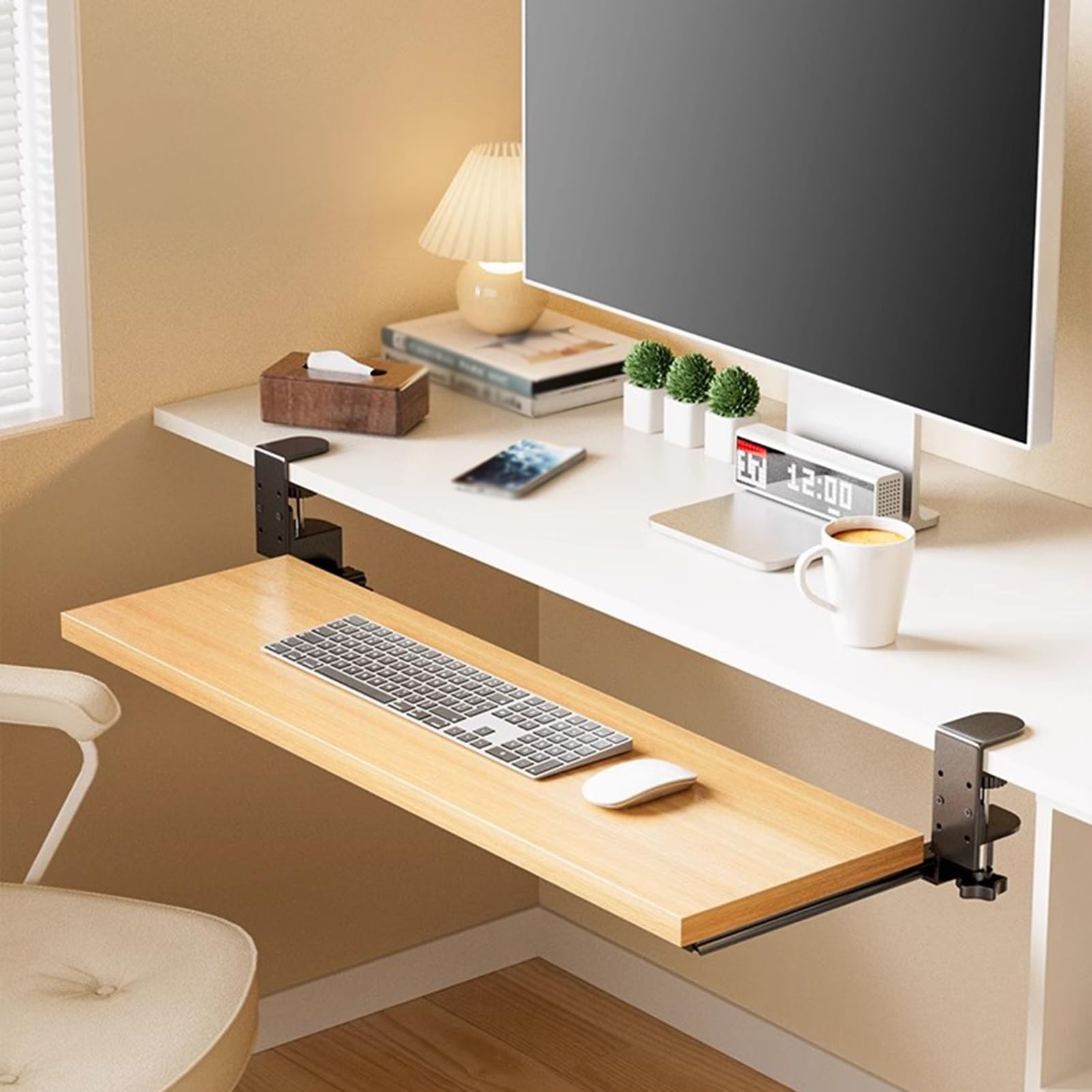 Plateau de Clavier RéGlable en Hauteur, Tiroir Coulissant pour Ordinateur, Gain de Place, Support Clavier sous Le Bureau, for Usage Domestique(Natural,30x40cm/12x16inch)