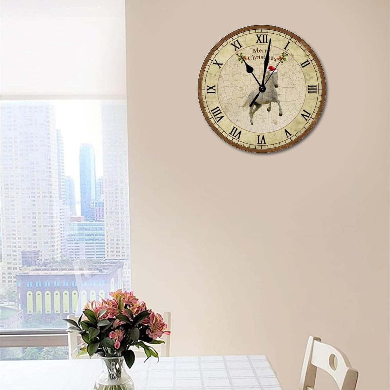 Merry Christmas Horse Clock Christmas Horse Wood Clock Bathroom Wooden Wall Clocks Battery Operated Silent Wall Clock Non Ticking 15 Inch for Kitchen Outdoor Vintage Wall Clock