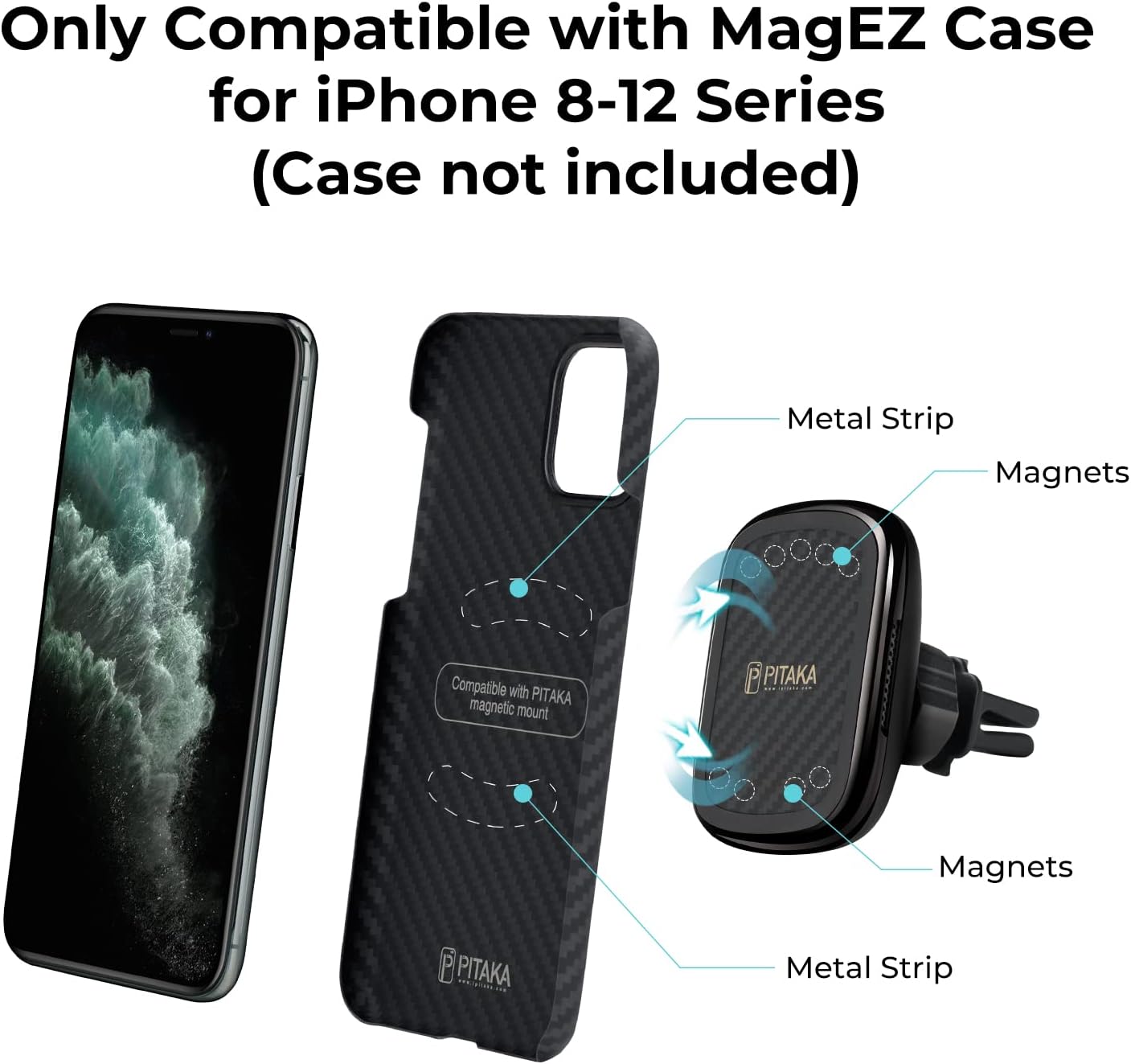 PITAKA Magnetic Car Mount Charger for iPhone 8-12 Seires Only Work with MagEZ Case (Not Included), Wireless Charging Car Phone Holder with USB A-C Cable [MagEZ Mount Qi]- Air Vent