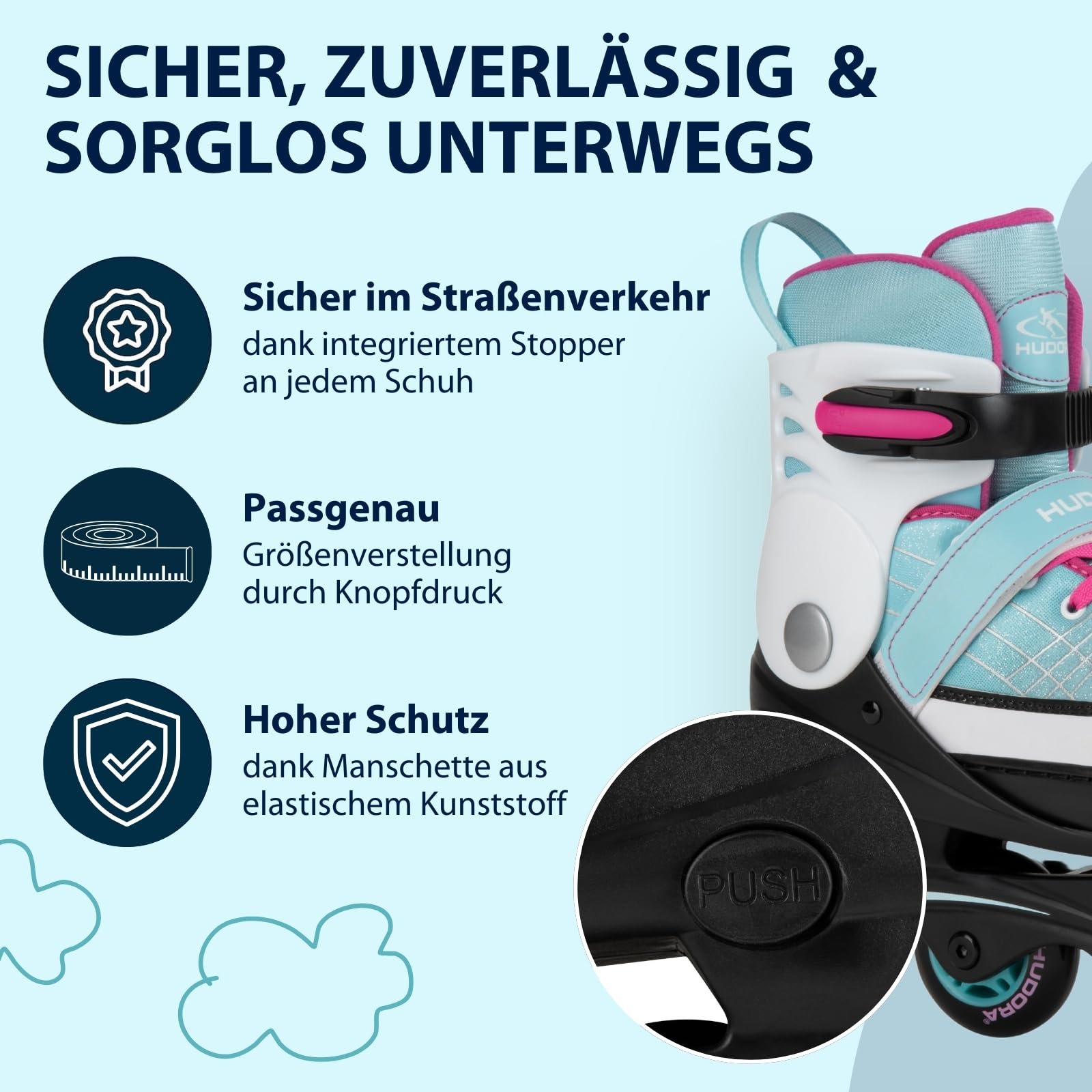 HUDORA Inline Skates Basic in Blue/Mint - Inliner für Kinder & Jugendliche in versch. Größen - Roller Skates bis zu 4 Größen verstellbar - Ideal als hochwertiges Einstiegsmodell