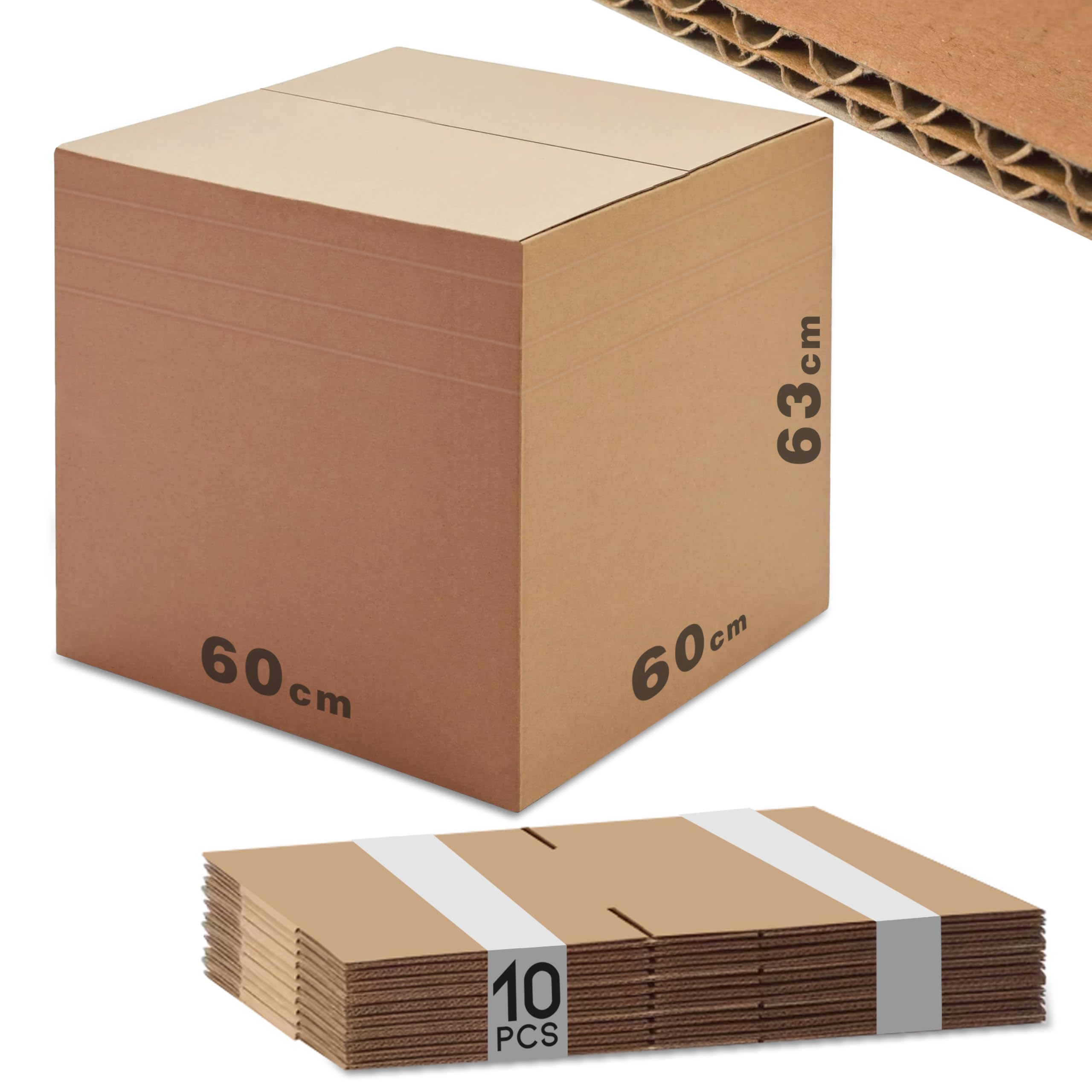 Gianto 10 Scatole Cartone 60 x 60 x 63 cm Doppia Onda, Scatoloni Grandi per Trasloco, Logistica, Spedizioni, Imballaggio, Magazzino, Packaging, Deposito, Resistenti - Avana