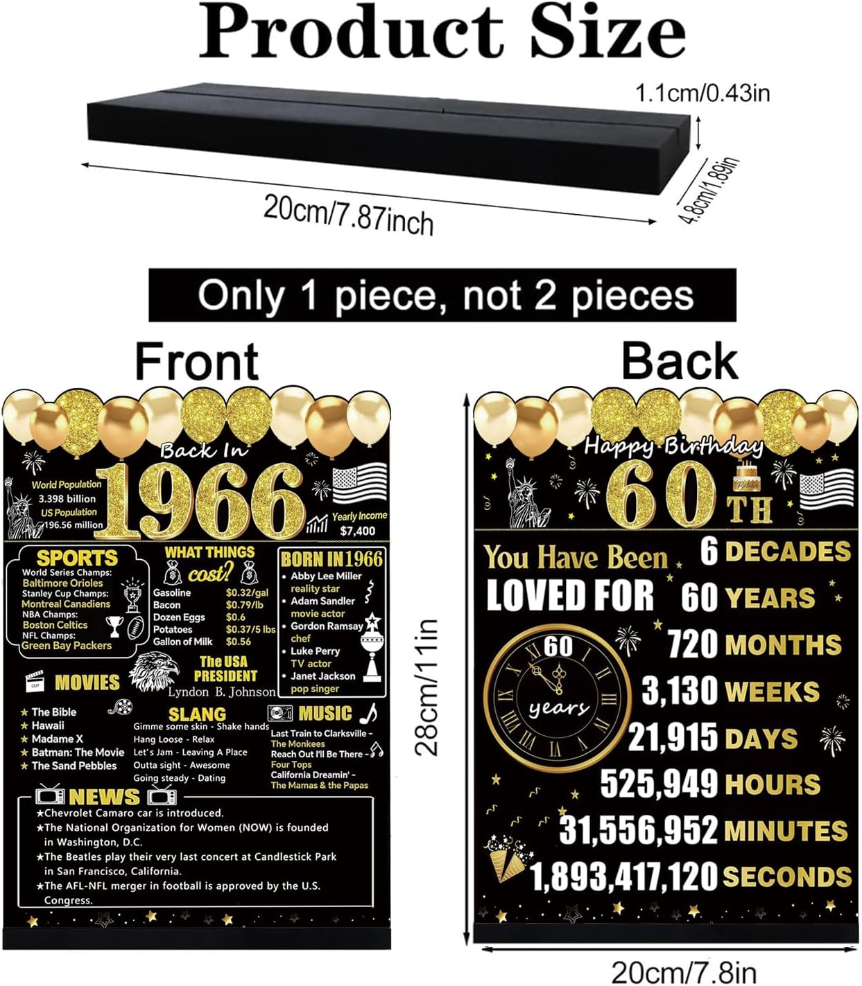 Black Gold 60th Birthday Decorations Women Men, Large Size 7.8''x11'' Double Print Back in 1966 Theme Poster Wooden Table Sign with Stand, 60 Years Old Bday Party Supplies Display Holder image 2