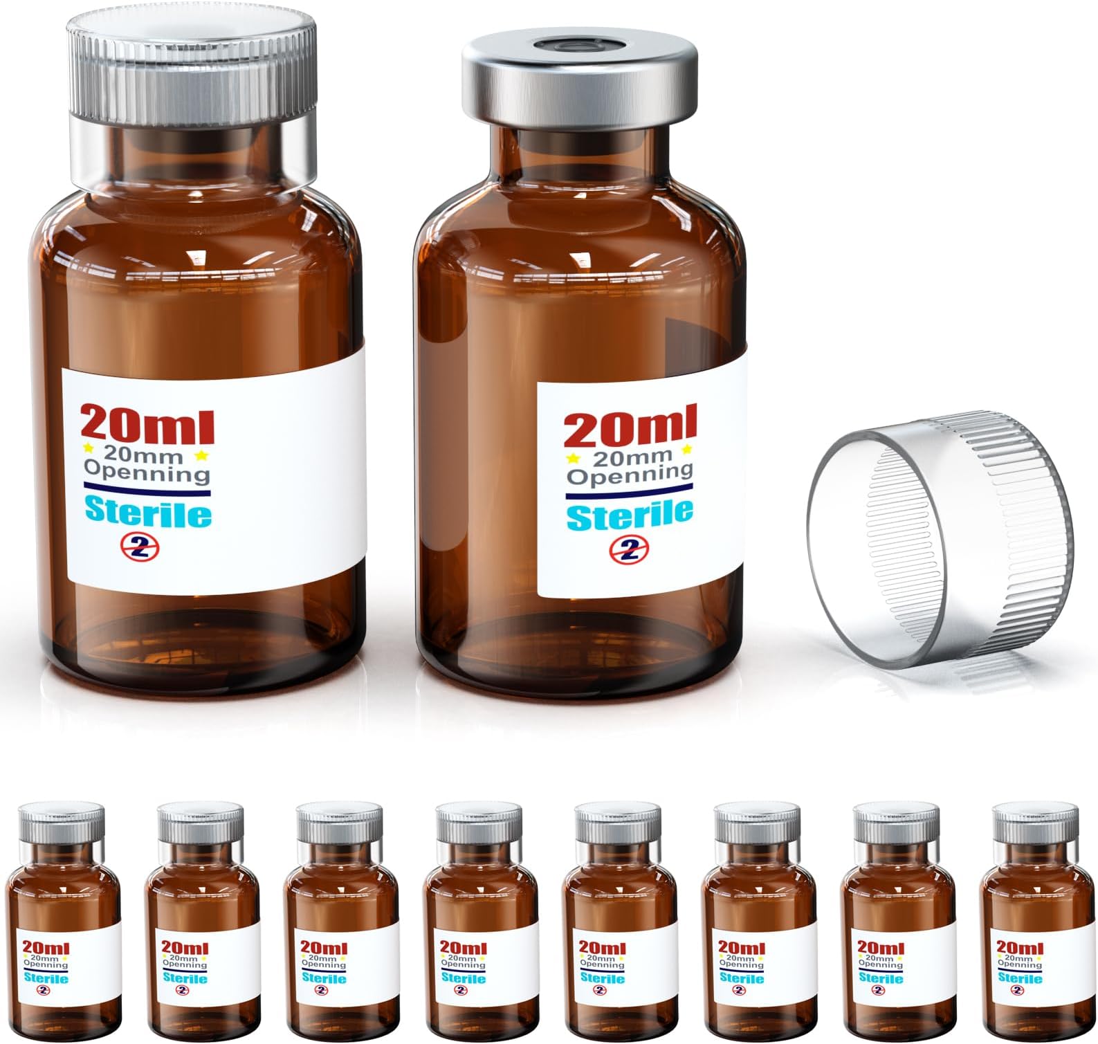 Biomed Solutions Sterile Empty Vial with Reusable Plastic Cap,Ready to Fill Glass Containers, Liquid Injection Bottle Sealed with Self Healing Injection Port (20ml Amber 10pcs)