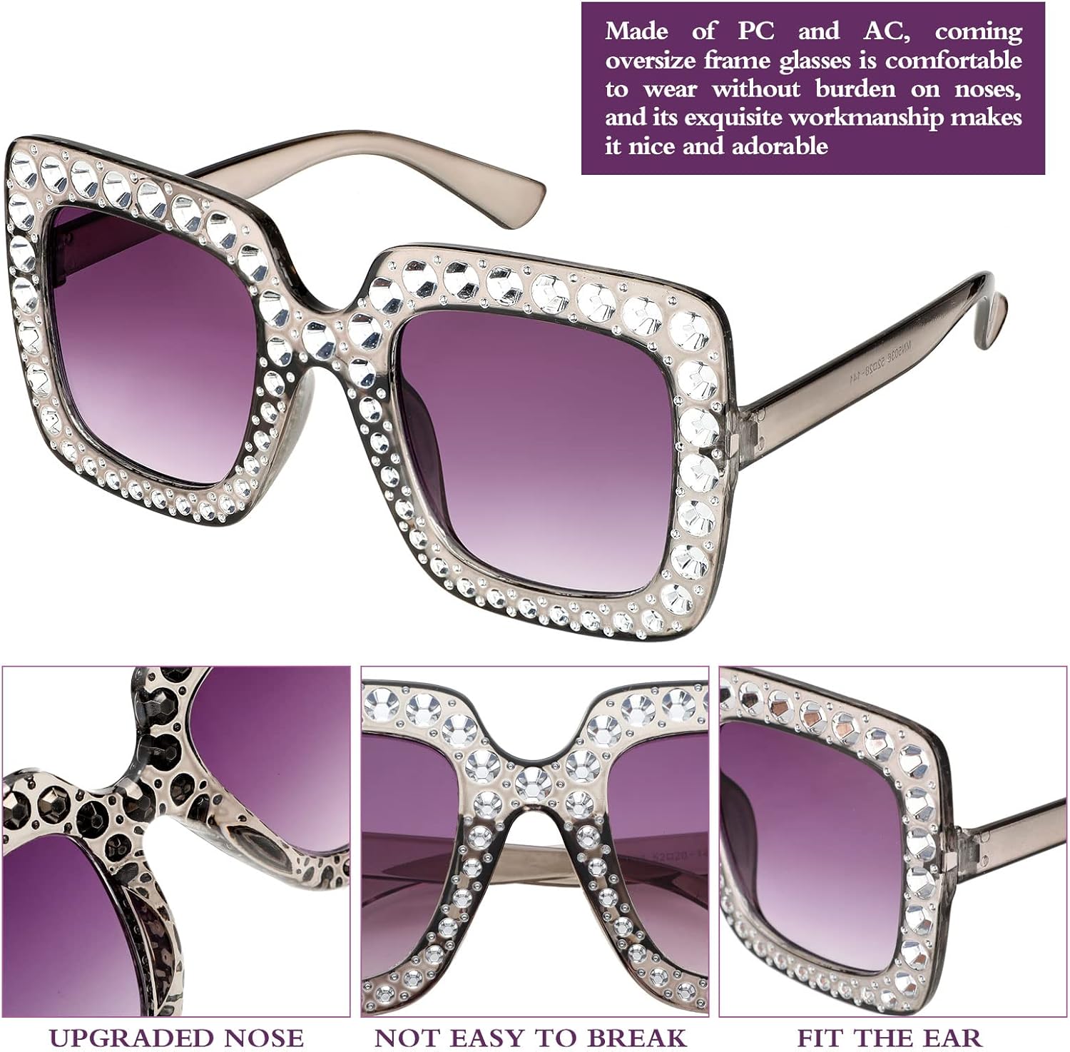 Miniatura 3 de 20 pares de lentes de sol con diamantes de imitación de cristal brillante de los años 70 gafas de sol cuadradas de gran tamaño gafas de sol retro