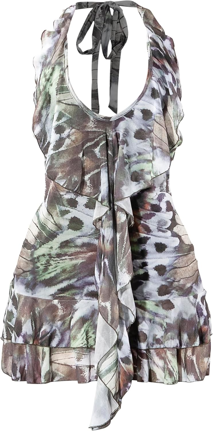Women Sexy Halter Neck Backless Mini Dress Floral Ruffle Bodycon Short Party Mesh Dress Club Outfits - Image 2