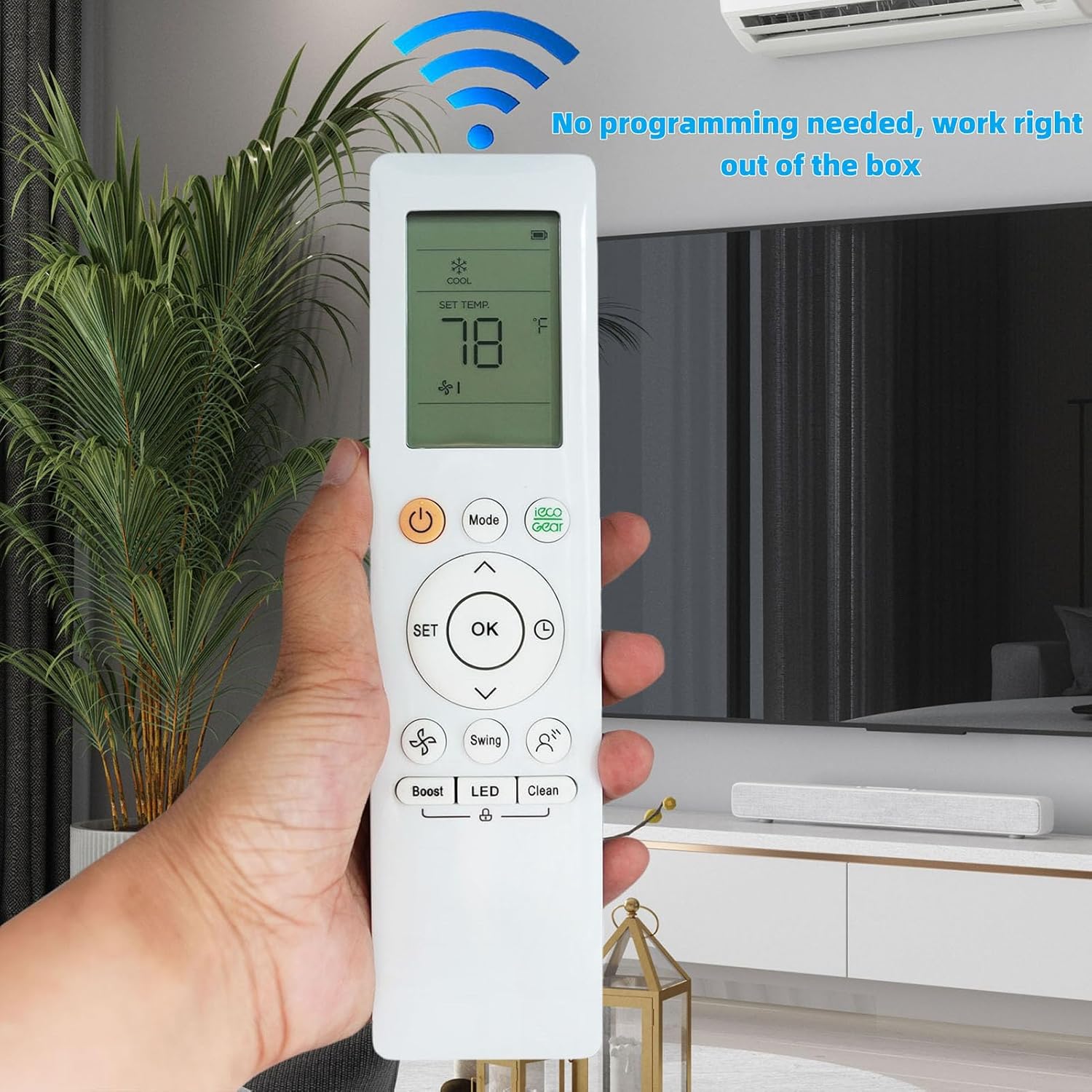 A hand holding the RG10A BGEF remote control, pointing towards an air conditioner unit, with a graphic indicating wireless signal transmission and text stating 'No programming needed, work right out of the box'.