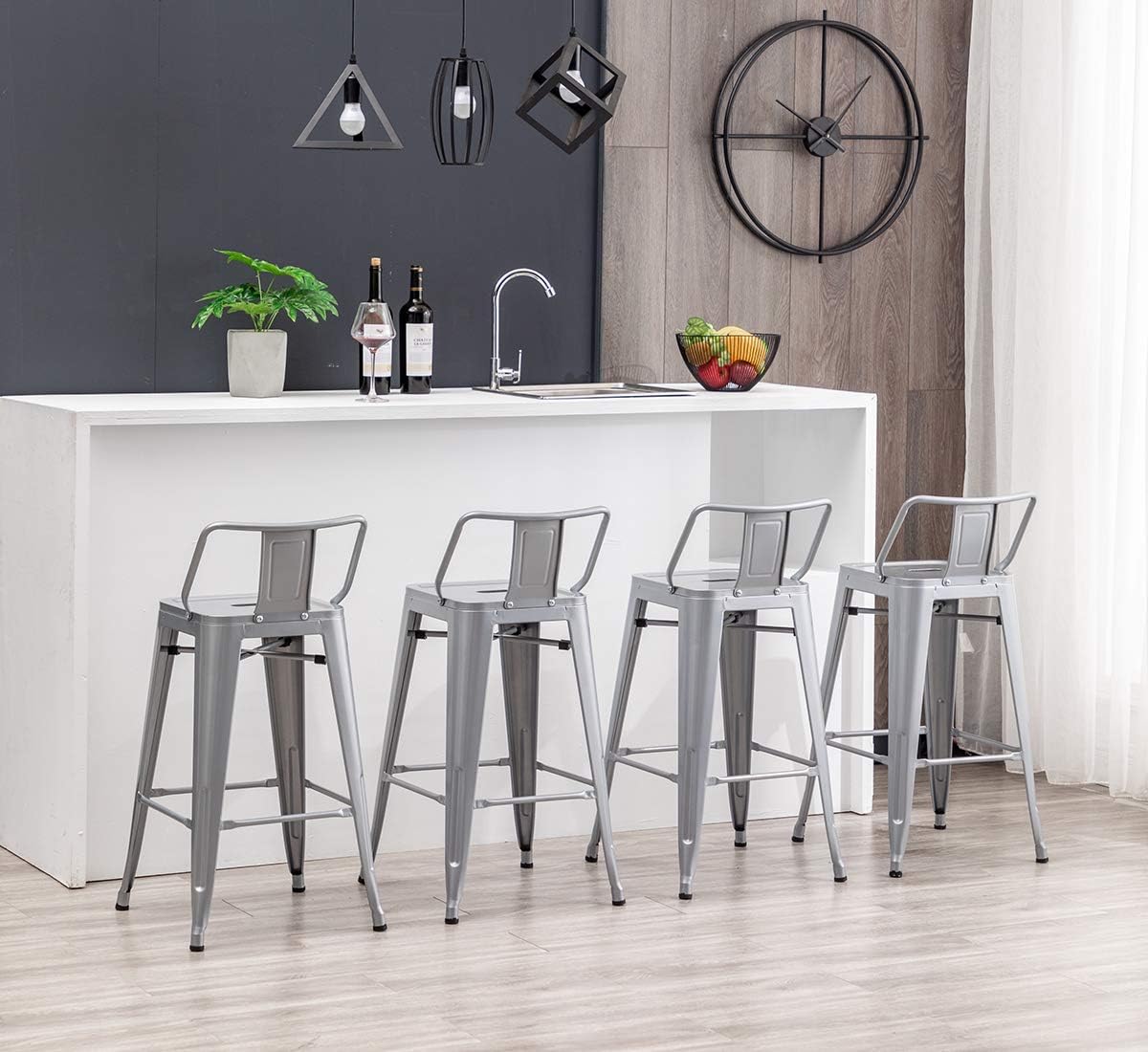 HAOBO Home 24" Low Back Metal Counter Stool Height Bar Stools [Set of 4] Barstools, Silver