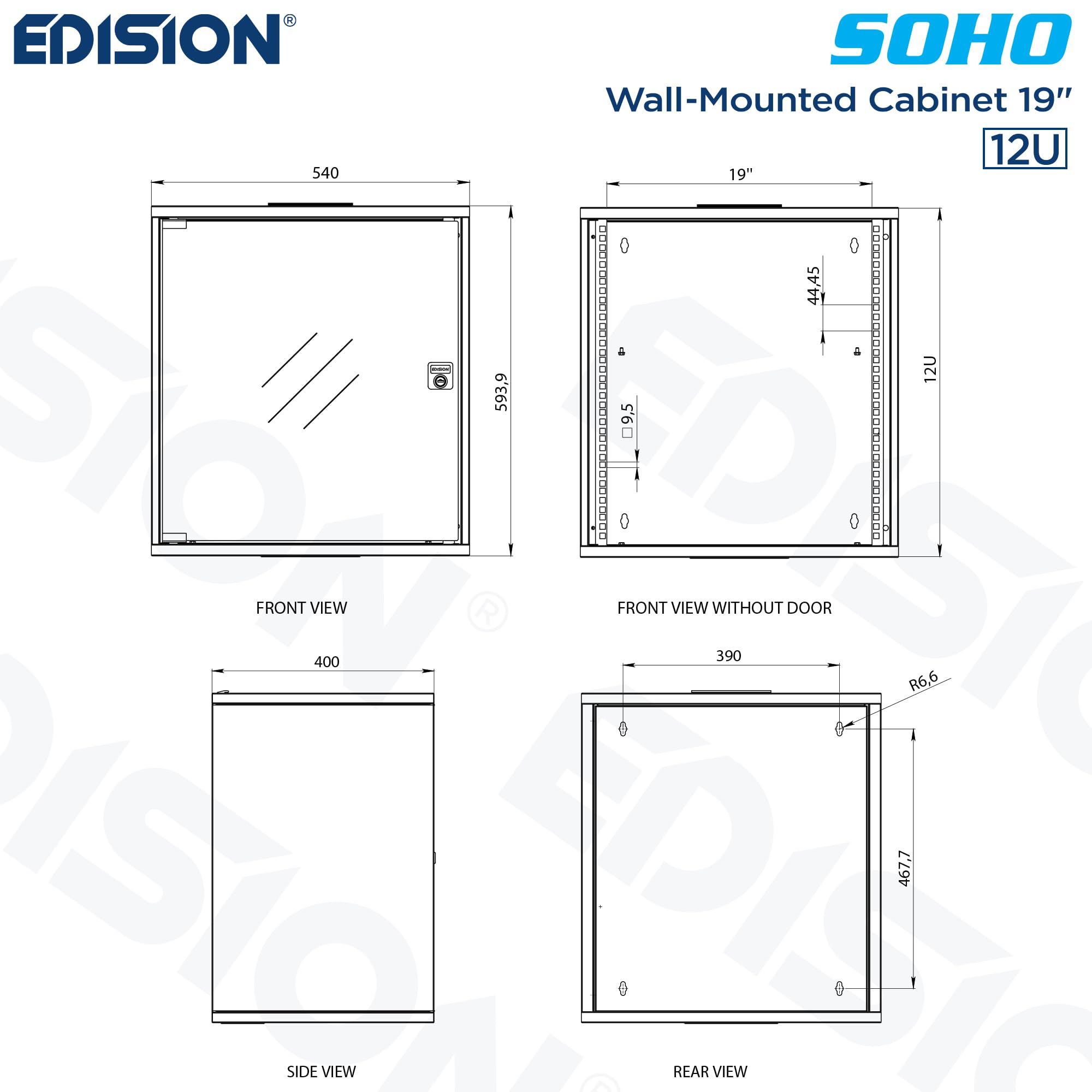EDISION SOHO 12U Armadio Rack 19" 12U 540x400mm, Montaggio a parete, Carico Massimo 60kg, Non montato, Porta in Vetro, RAL 9005 Nero