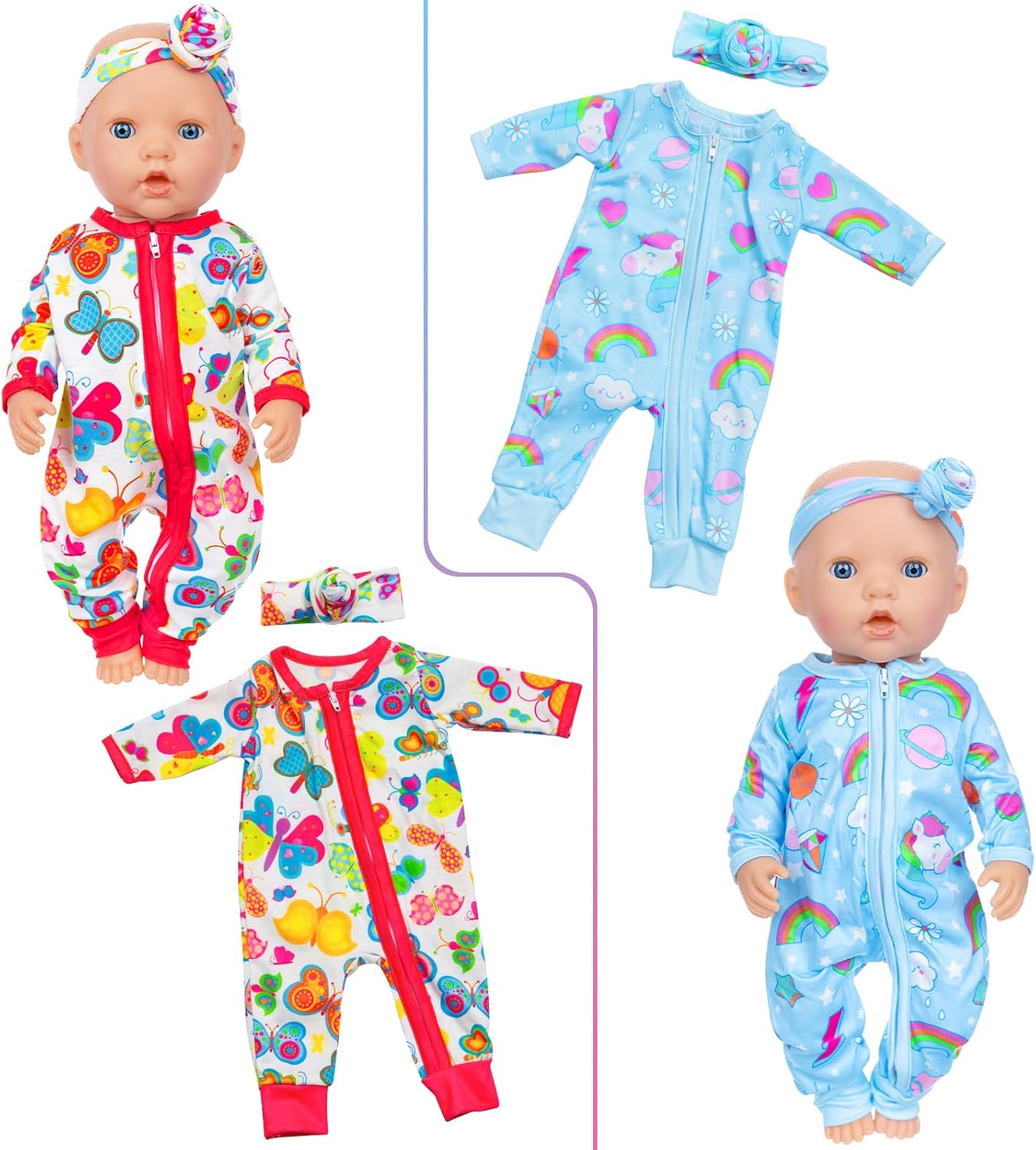 ZITA ELEMENT 5 Sets 14-18 Inch Baby Doll Clothes Outfits Casual Wear with Accessories - 10 Pcs Including Rainbow, Strawberry, Floral, Flamingo, and Butterfly Designs for 14-18 Inch Dolls
