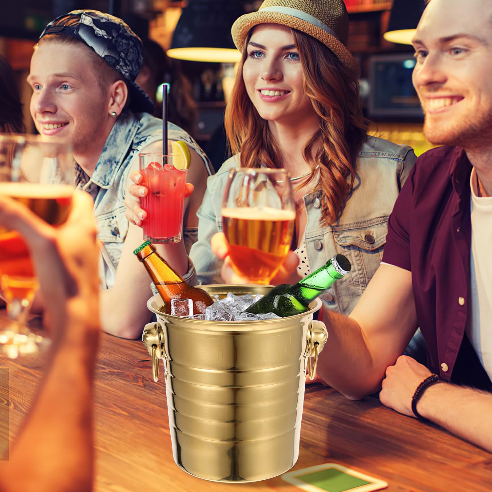 ULTECHNOVO Secchiello per Ghiaccio in Acciaio Inox 5l Dorato Design Testa di Tigre, Refrigeratore per Bottiglie di Birra e Vino, per Feste, Bar e Uso Domestico