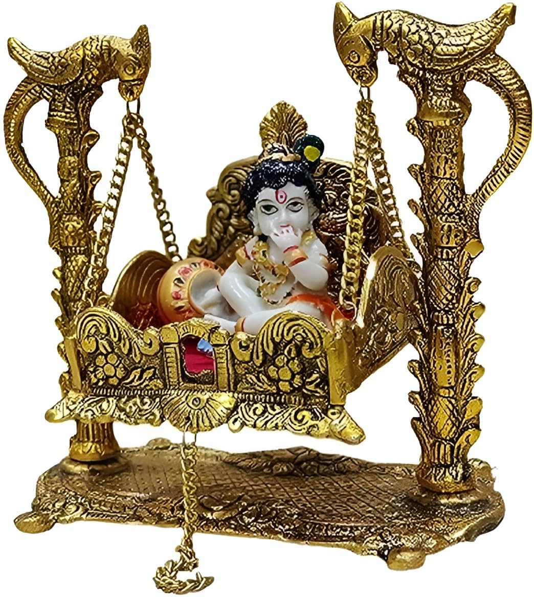 Craft villa Ladoo Gopal Jhulla | Jhulla for Krishna | Bal Gopal Jhula for Janmasthami | Brass Swing with Laduu Gopal, Krishna Jhula Antique Look (JHULA with LADOO Gopal)