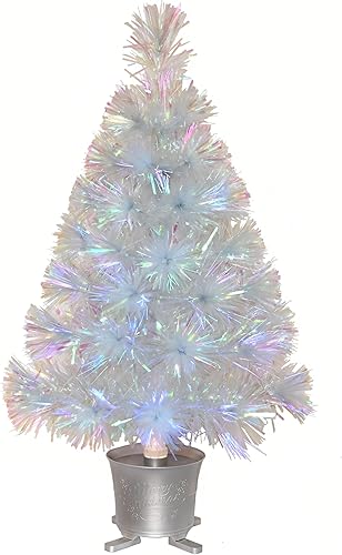 24 Pre-lit Iridescent Mini Fiber Optic Tabletop Artificial Christmas Tree with LED Lights in with Siver Base Pot