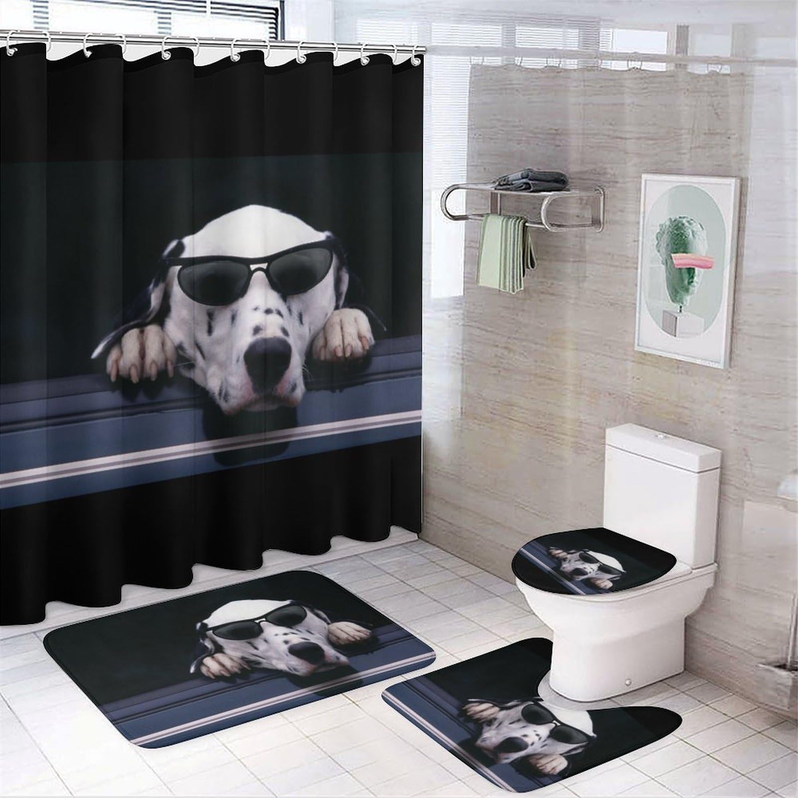JZemdybill Bathroom Mat Set 4 Piece, Dalmatian Shower Curtain with Non-Slip Bath Mats for Bathroom