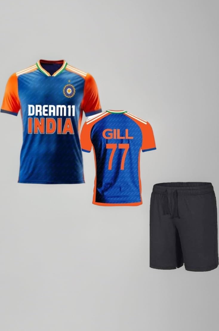 Gill 77 T20 India Cricket Jersey Tshirt with Set for (Men,Kids,Boys)
