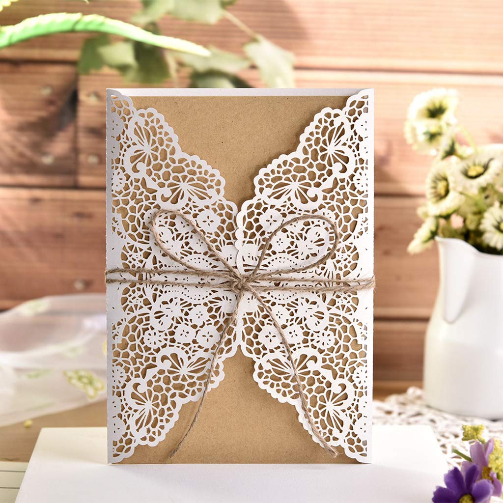 FifijuanC Lot de 50 cartes d'invitation découpées au laser avec inserts en carte Kraft marron pour mariage, fête prénatale, fête d'anniversaire 12.5cm x 18cm blanc
