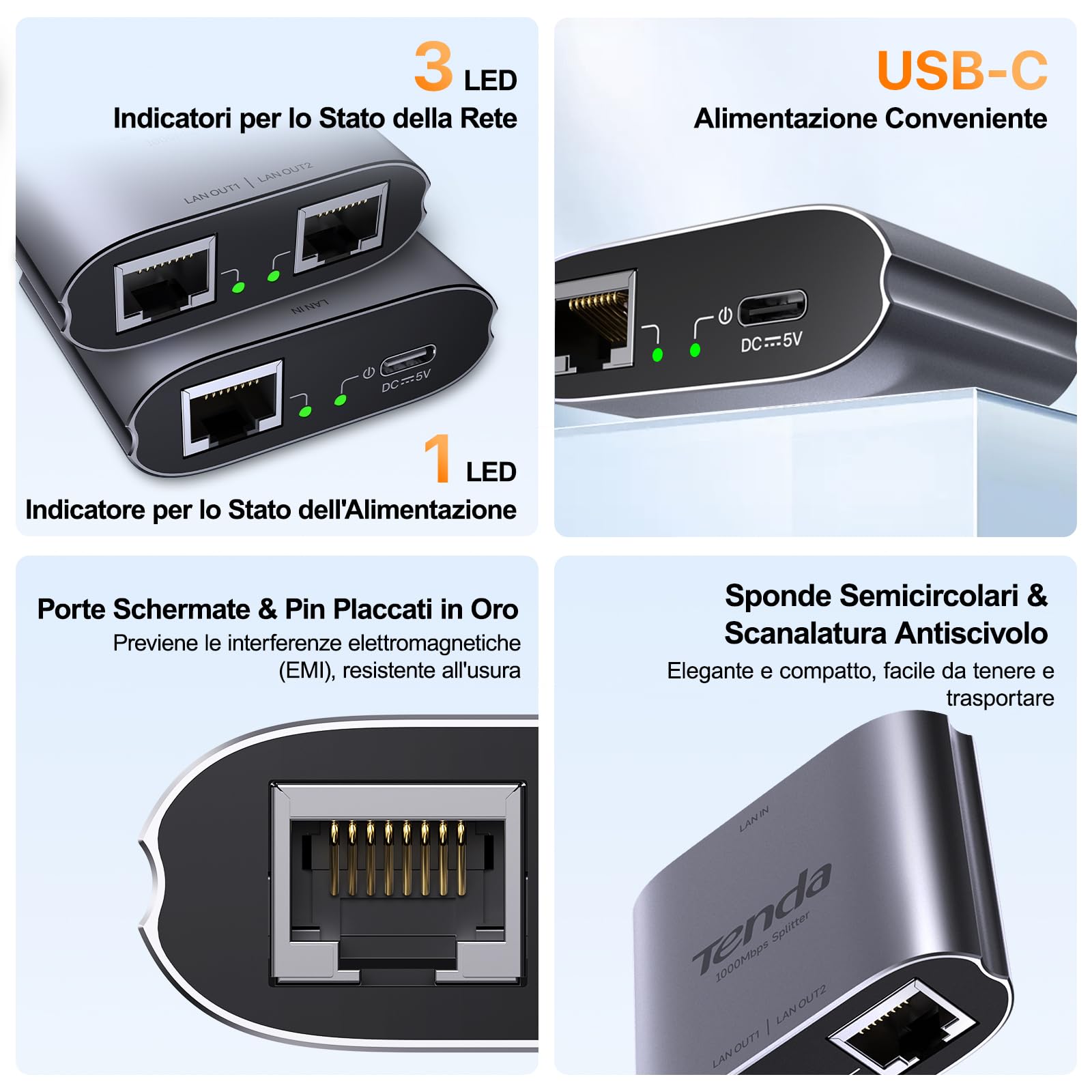 Tenda Sdoppiatore Ethernet Gigabit Switch 1 a 2, RJ45 2 Porte 1000 Mbps Switch di Rete LAN, Compatibile con Cavi Ethernet di Cat 8/7/6/5e/5, Splitter ethernet per Computer, Router (SG103M)