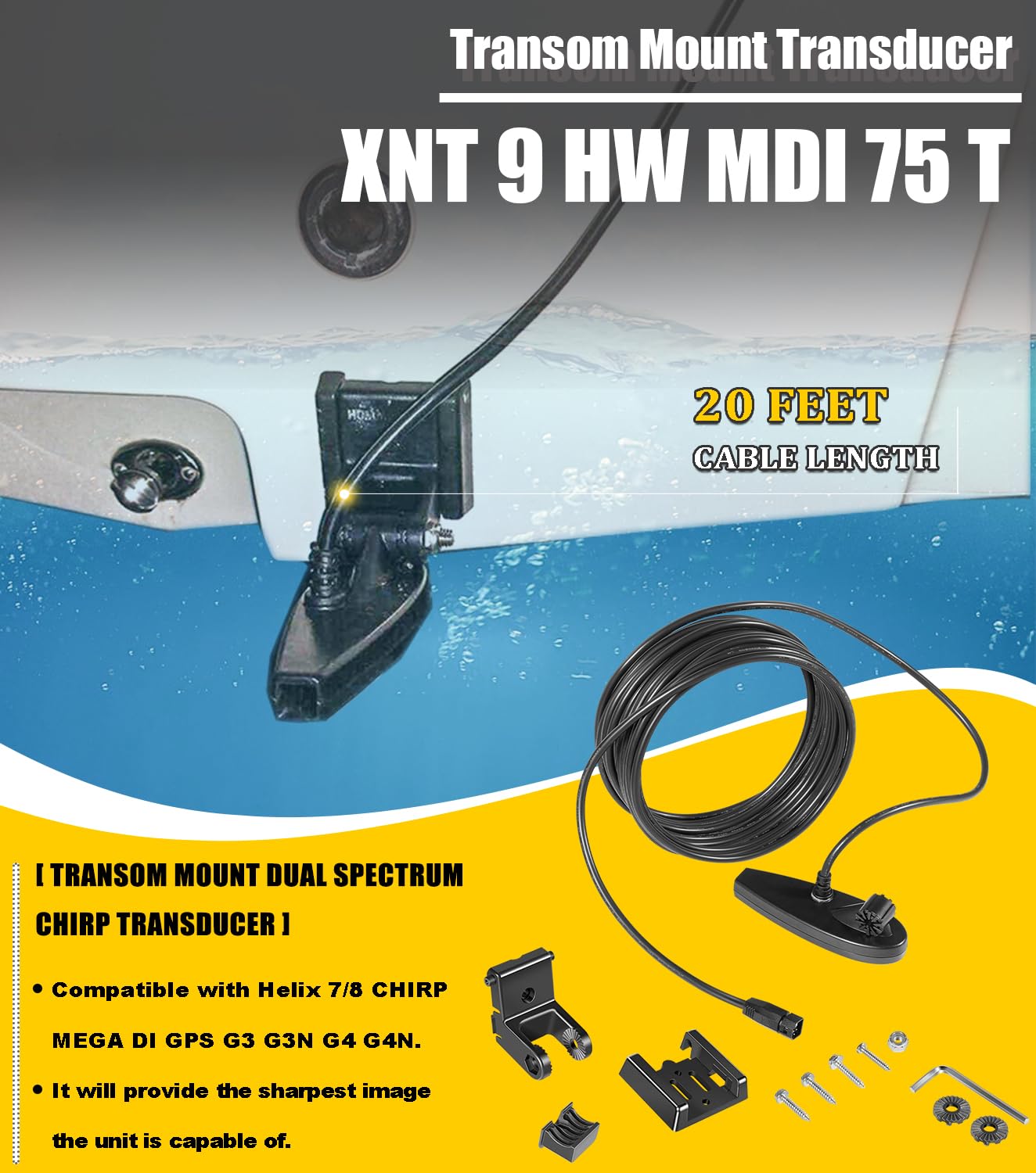 710295-1 XNT 9 HW MDI 75 T per Helix 7/8 (MEGA Down Imaging) Chirp a doppio spettro con trasduttore di montaggio dello specchio di poppa di temperatura, nero