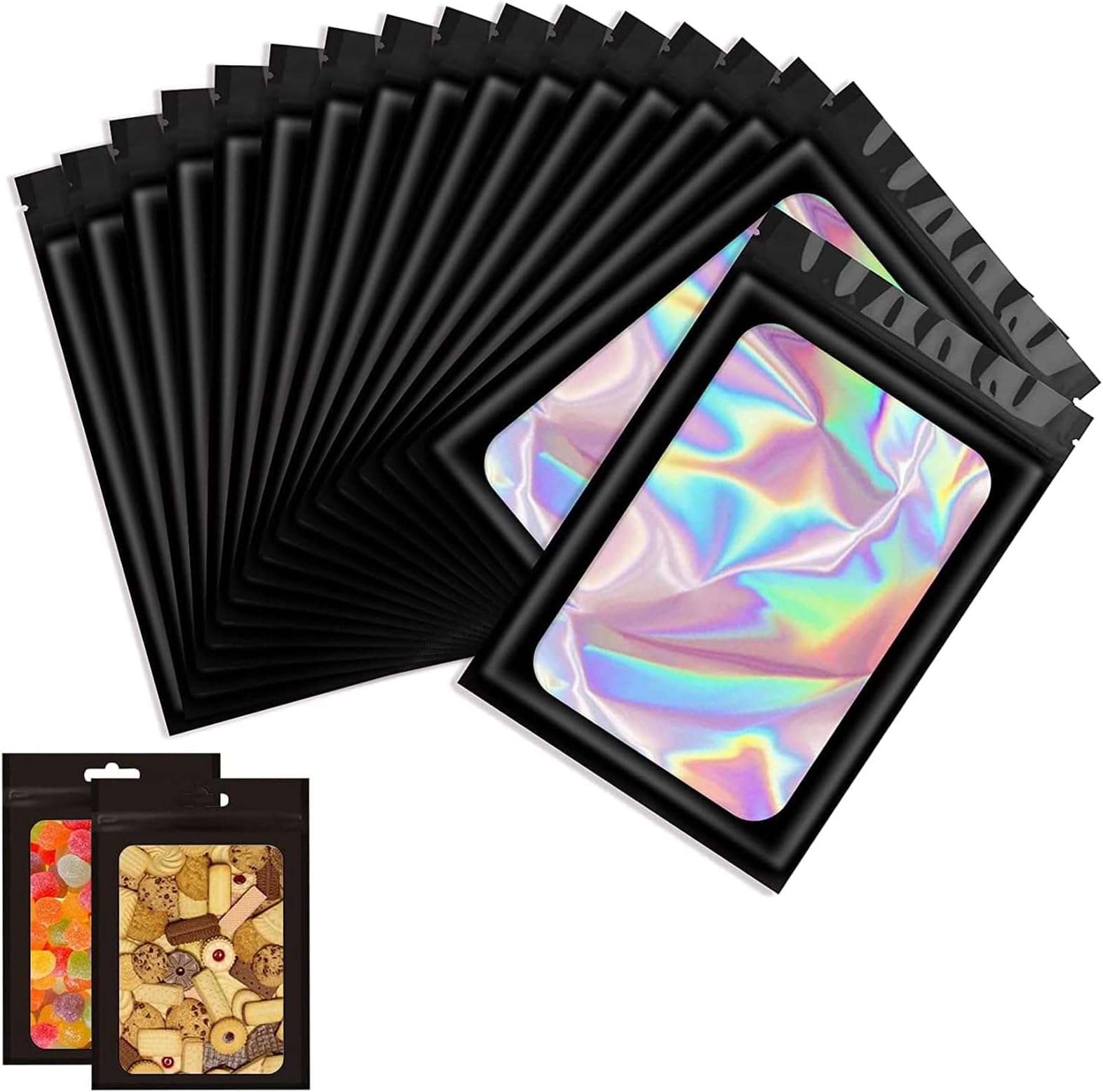100 PCS Smell Proof Mylar Bags Holographic Packaging Bags, Resealable Odor Proof Bags, Foil Pouch Bags with Clear Window for Food Storage and Lipgloss, Jewelry(Black, 2.4 * 3.9inch)