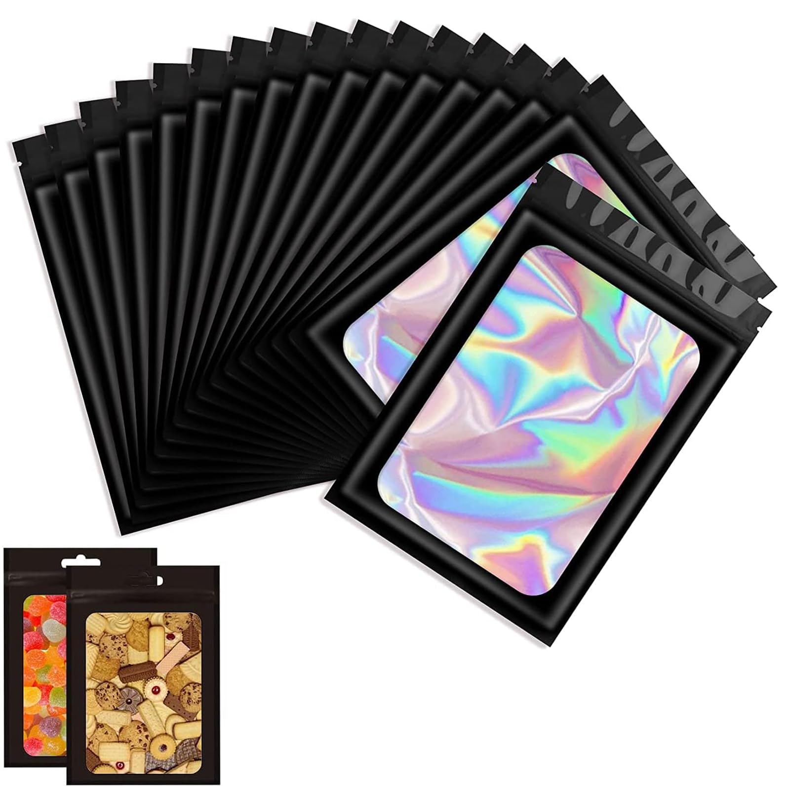 100 PCS Smell Proof Mylar Bags Holographic Packaging Bags, Resealable Odor Proof Bags, Foil Pouch Bags with Clear Window for Food Storage and Lipgloss, Jewelry(Black, 2.4 * 3.9inch)