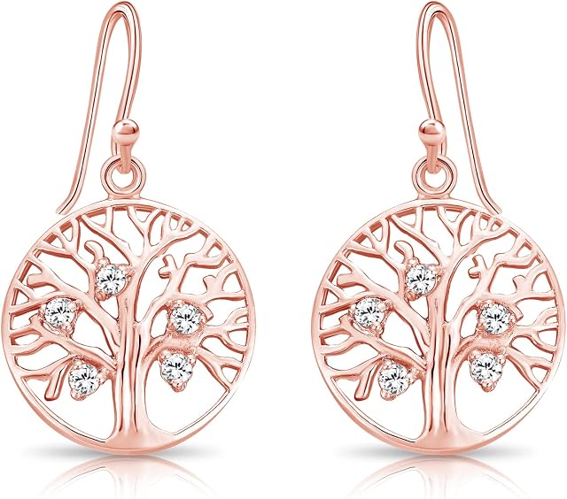DTPsilver® 925 Sterling Silver, Yellow or Rose Gold Plated Drop/Dangle Hook Tree of Life & Cubic Zirconia CZ Earrings - Diameter: 17 mm - Dimensions: 17 x 32 mm