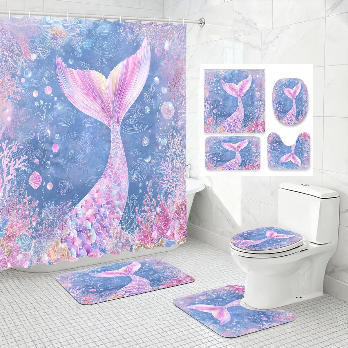 4 Piece Mermaid Shower Curtain Set with Non-Slip Rugs, Toilet Lid Cover and Bath Mat Blue Ocean Fantasy Underwater Coral Bathroom Decor with 12 Hooks, 72 x 72 Inch