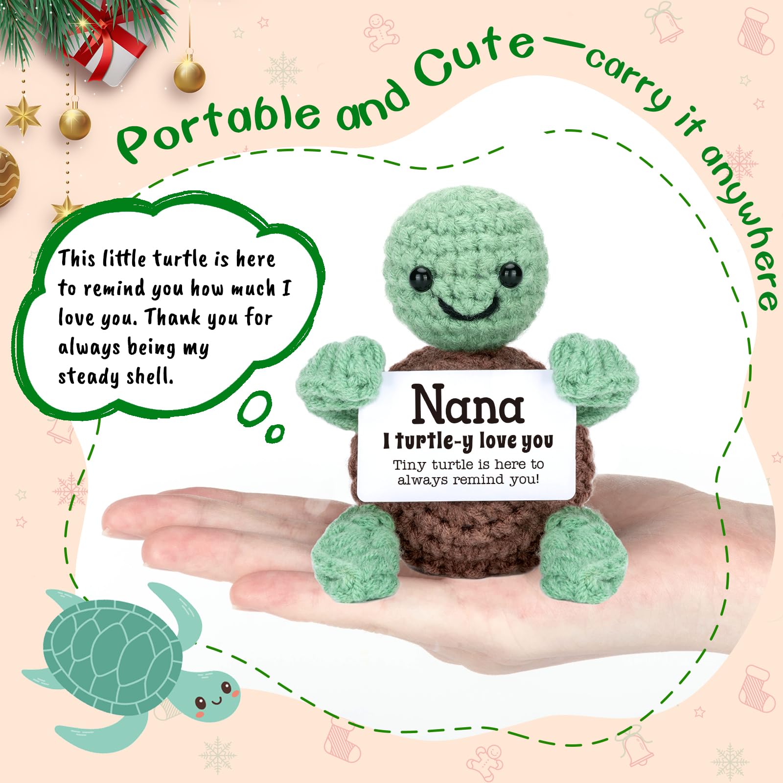 4THFARMES Mini Funny Turtle Nana Gifts from Grandkids, Birthday Gifts for Nana from Granddaughter Grandson, I Love You Small Cute Stuff Things, Handmade Emotional Positive Crochet Turtle