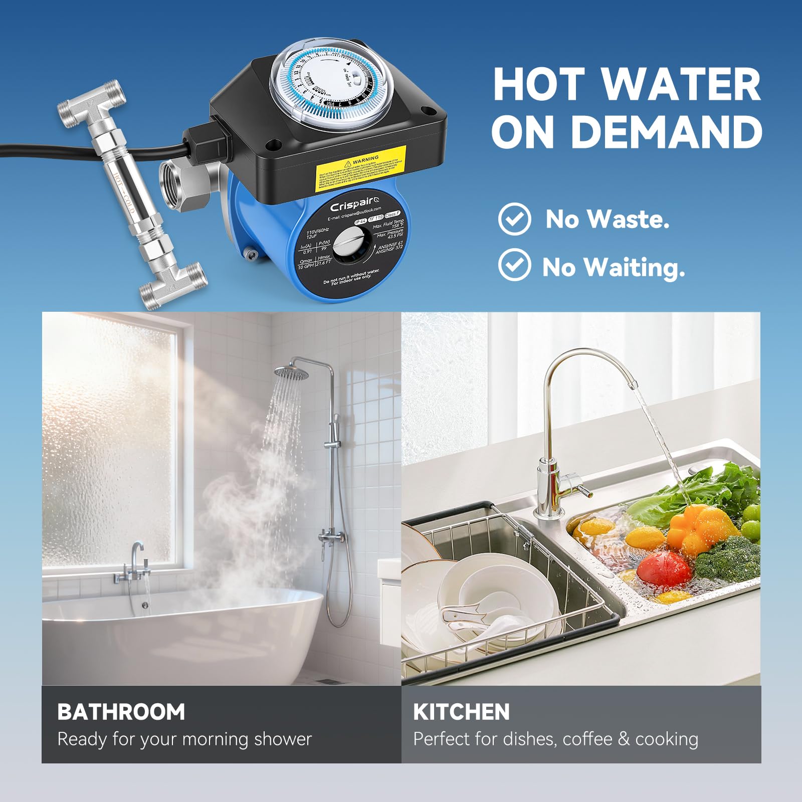 Kit de bomba de recirculación de agua caliente instantánea para calentadores de agua de tanque, válvula de sensor de acero inoxidable 304, líneas PEX de 20 pulgadas, temporizador inteligente