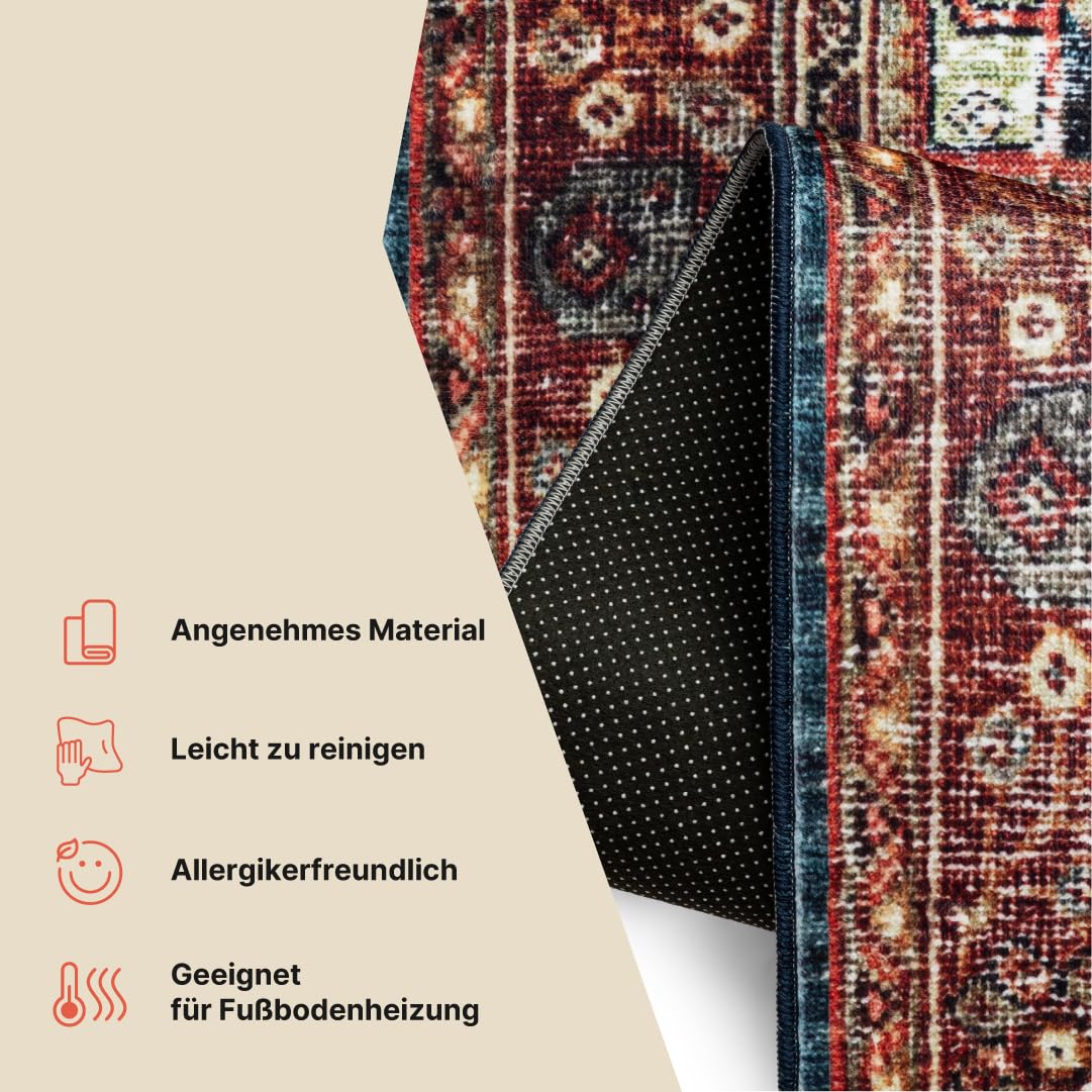 TAPISO Ispahan Tapis Oriental Classique Persan Vintage Motif Médaillon - Tapis Imprimé avec Antidérapant Bleu Foncé Rouge Rouille Salon Chambre Oeko-Tex 200 x 300 cm