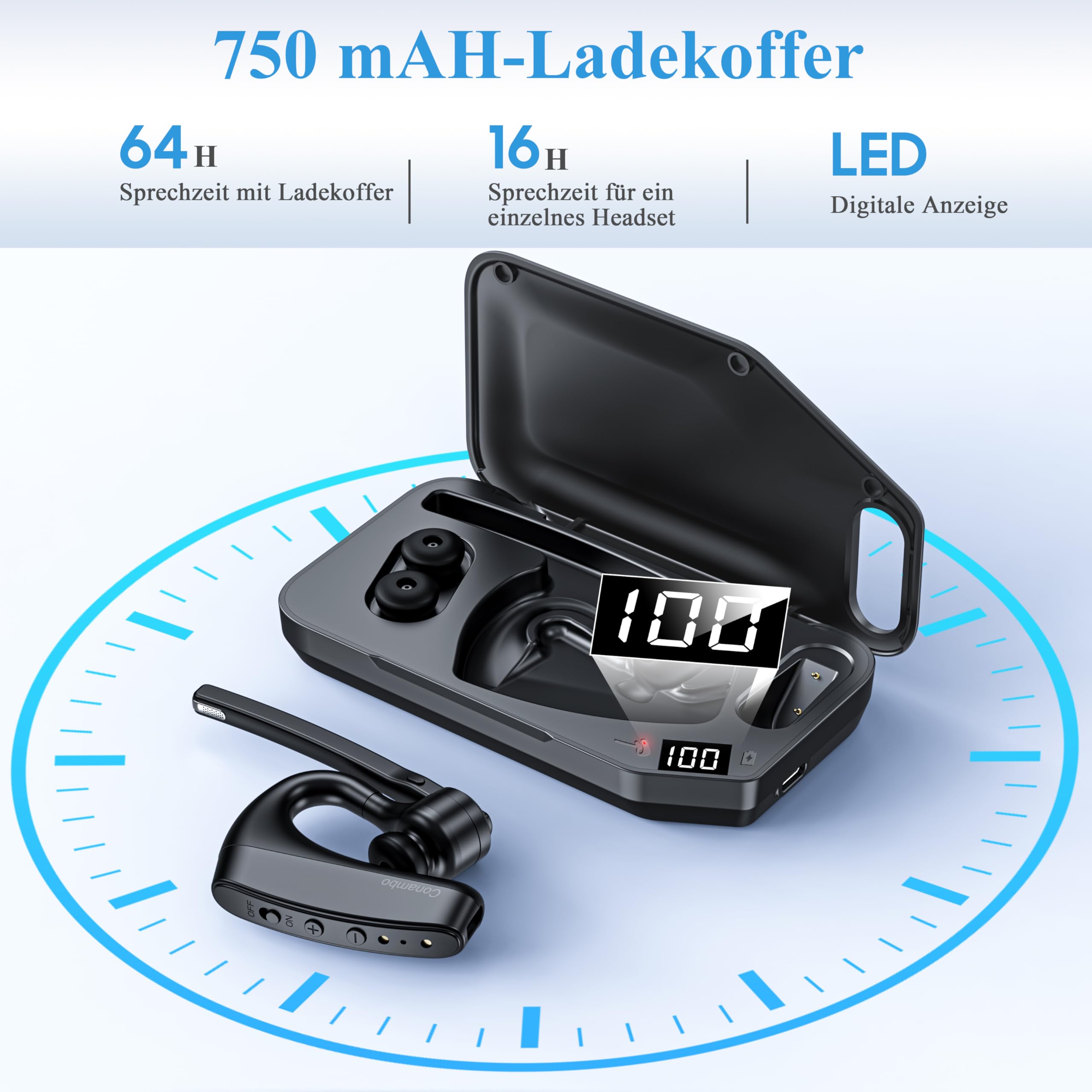 Conambo Auriculares Bluetooth V5.2 inalámbricos con estuche de carga de 750 mAh, 64 horas de tiempo de conversación, auriculares Bluetooth inalámbricos con CVC 8.0 y micrófono dual ENC para iPhone
