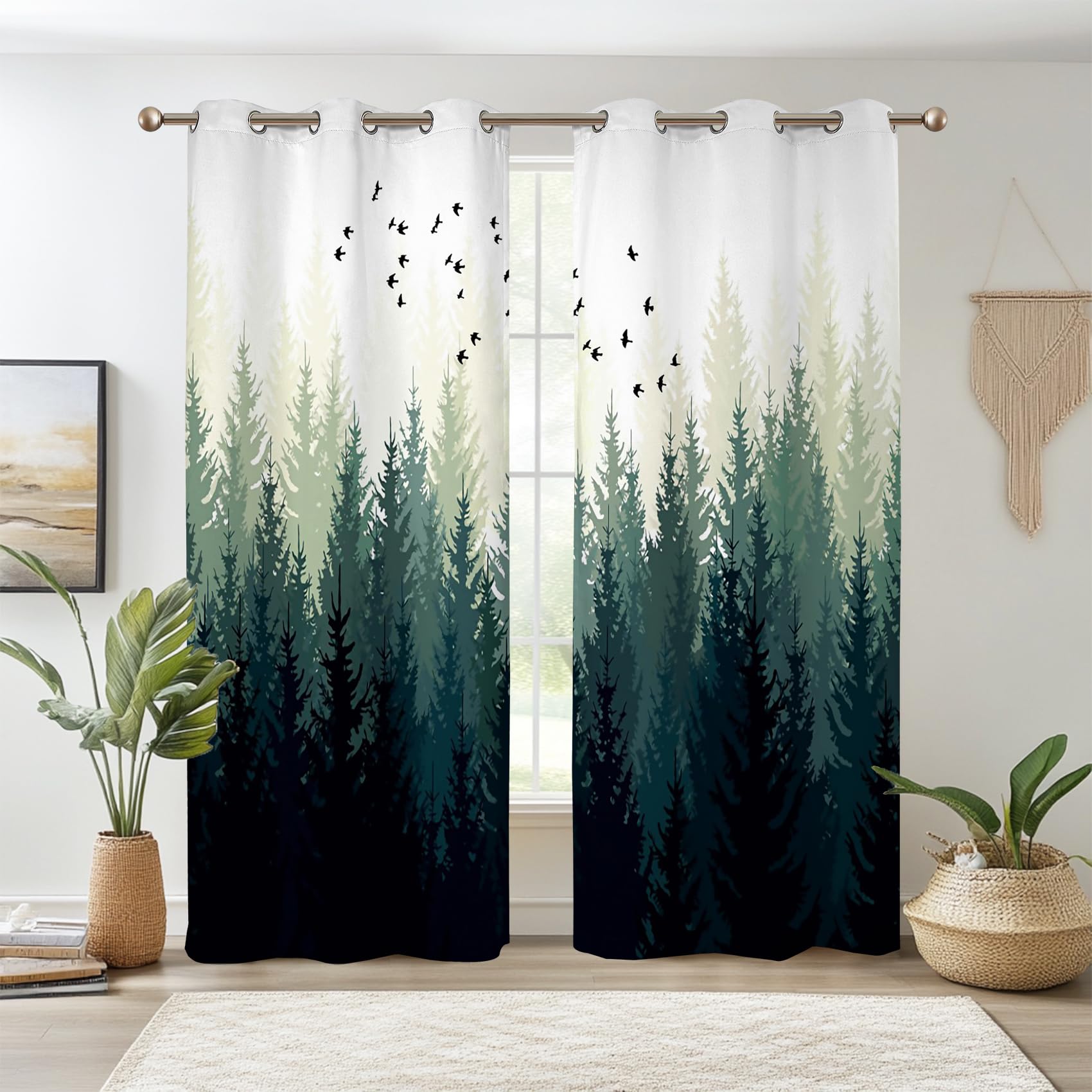 Rideaux occultants vert forêt de pin et montagne Renaiss 160cm