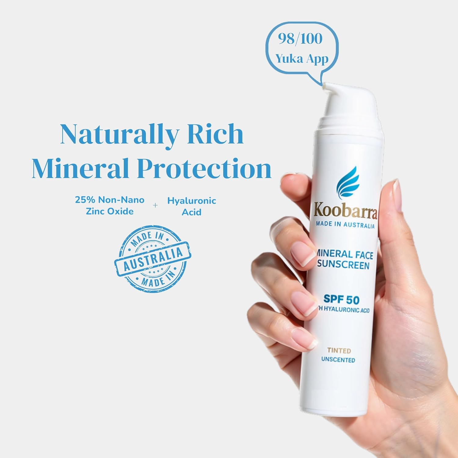 Mineral Face Sunscreen SPF 50, Tinted Aussie Zinc Oxide Sunblock, Hydrating Hyaluronic Acid, Reef Safe, Natural, Organic, Vegan, Australian Made, Ultra Nourishing, Unscented, 100g 3.4oz
