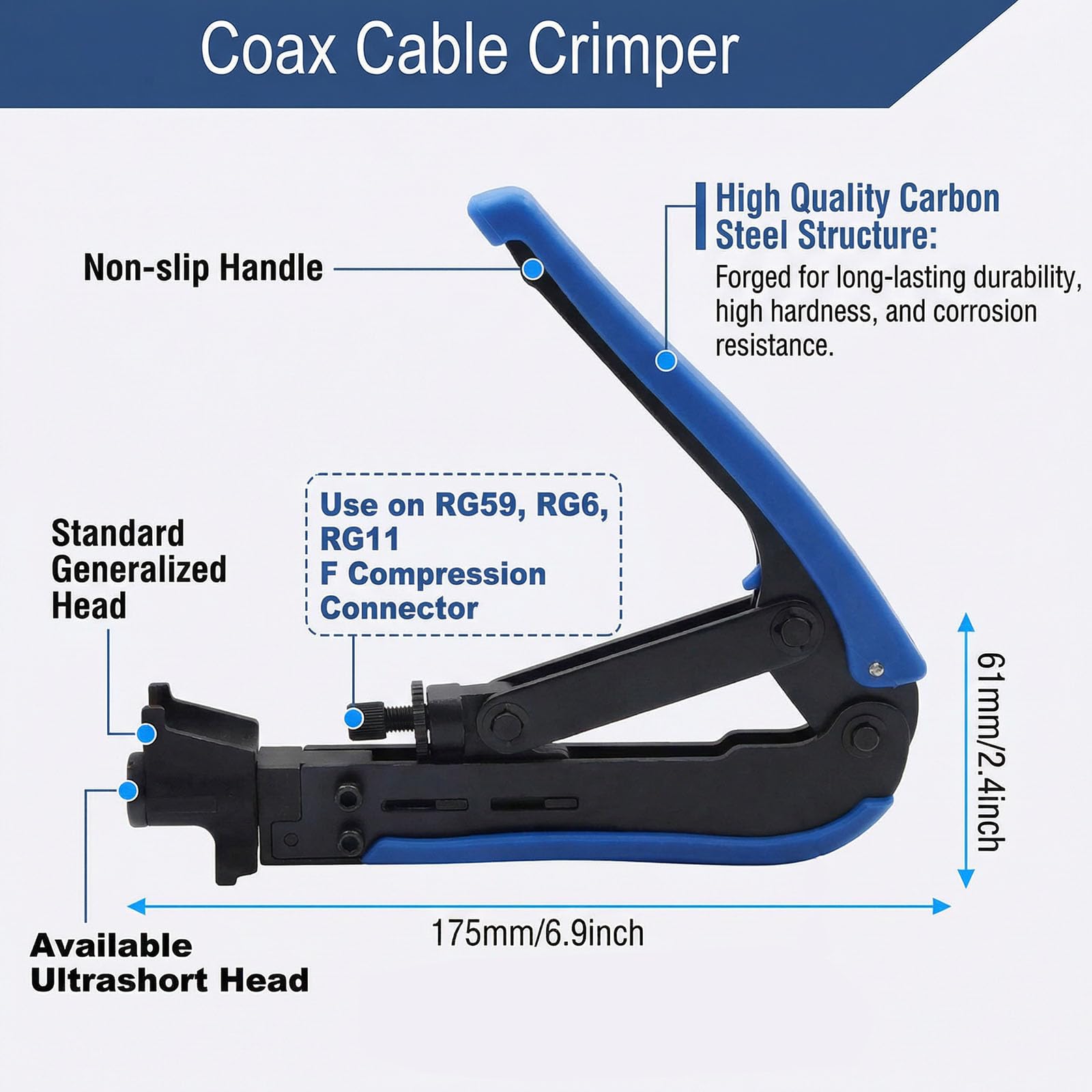 Kit profesional de crimpadora de cables coaxiales con pelacables y conectores de compresión RG6, juego de herramientas de crimpado coaxial ajustable para instalaciones de conectores de cable coaxial