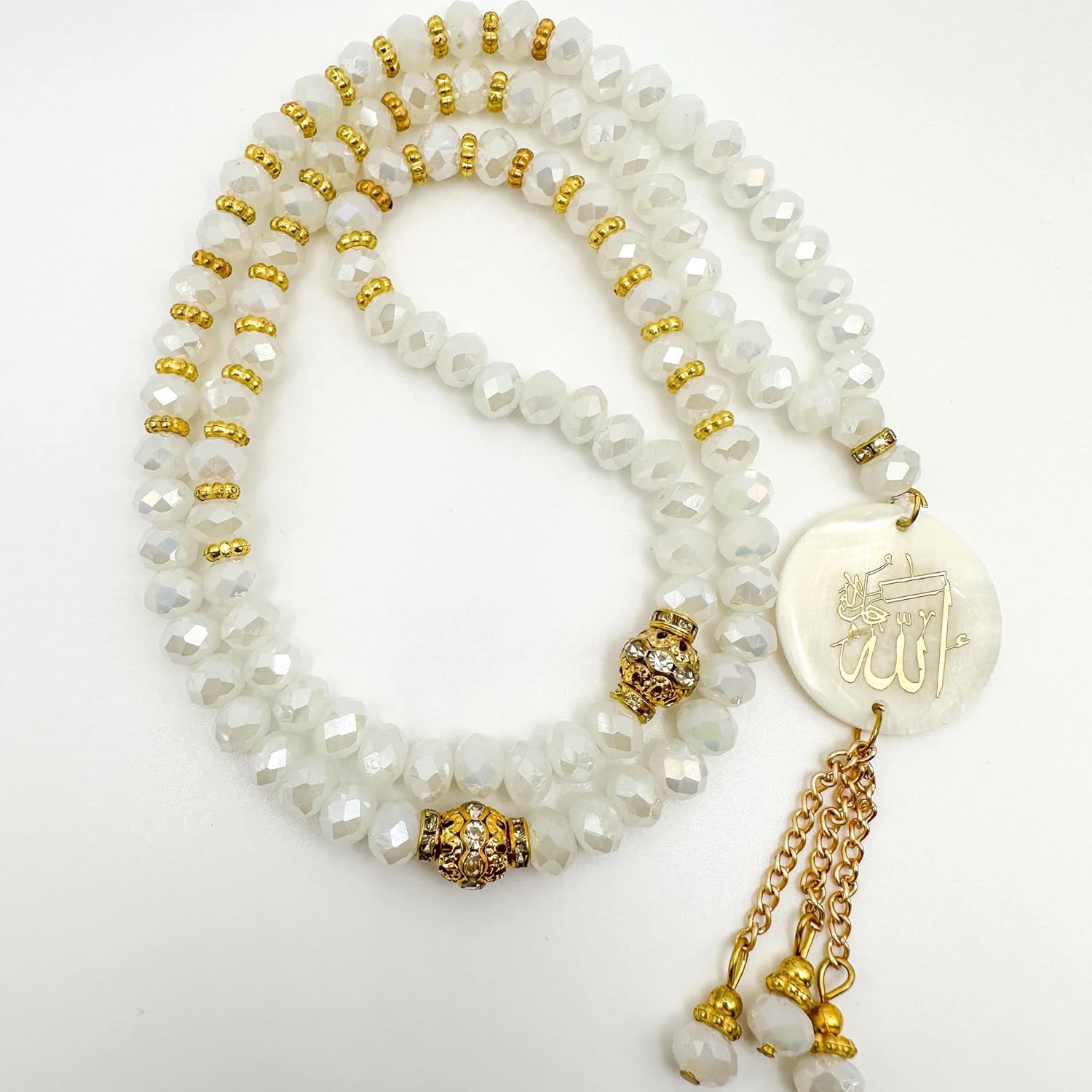 Real White Pearl Crystal Islamic Prayer Beads Allah, Natural Stone, 99 Beads, Tasbih, Misbaha, Tasbeeh, Rosary, Misbah, Tesbih, 6mm, 460 mm (Approximately 18.11 Inches)