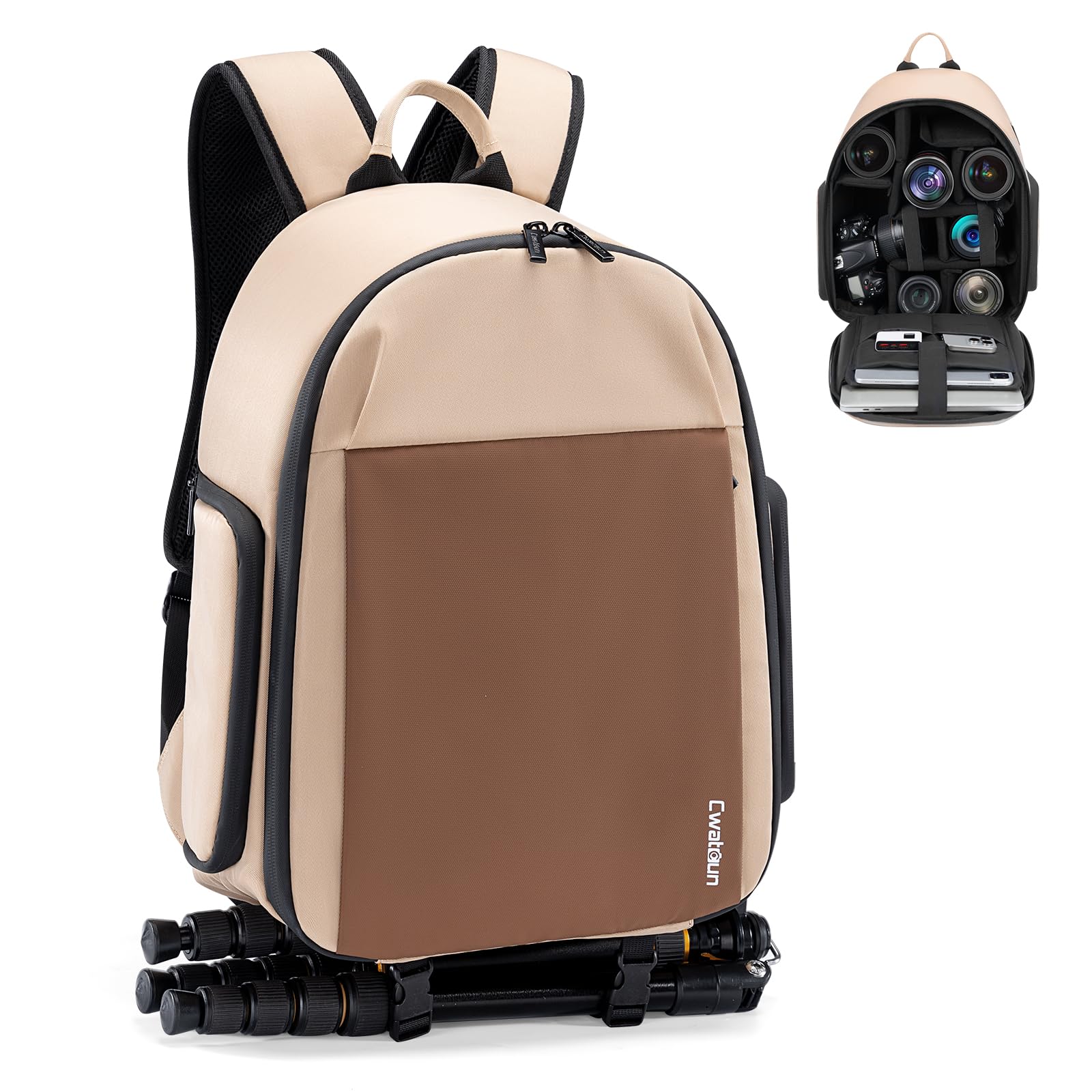 Cwatcun Camera Bag Backpack for Travel Photography Bag with Tripod Holder, Compact Camera Backpack Case for Canon Nikon Sony DSLR SLR Mirrorless Camera，Lens or Accessories,Khaki