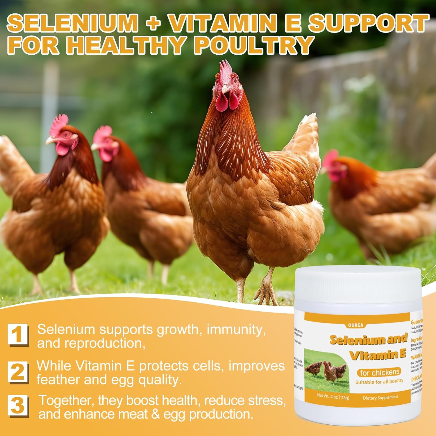 Selenium and Vitamin E Powder for Chickens, Selenium for Chickens, Immune System, Muscle Support & Prevents, Improve Wry Neck, Selenium, Vitamin E Supplements, Suitable for All Poultry, Chicken & More