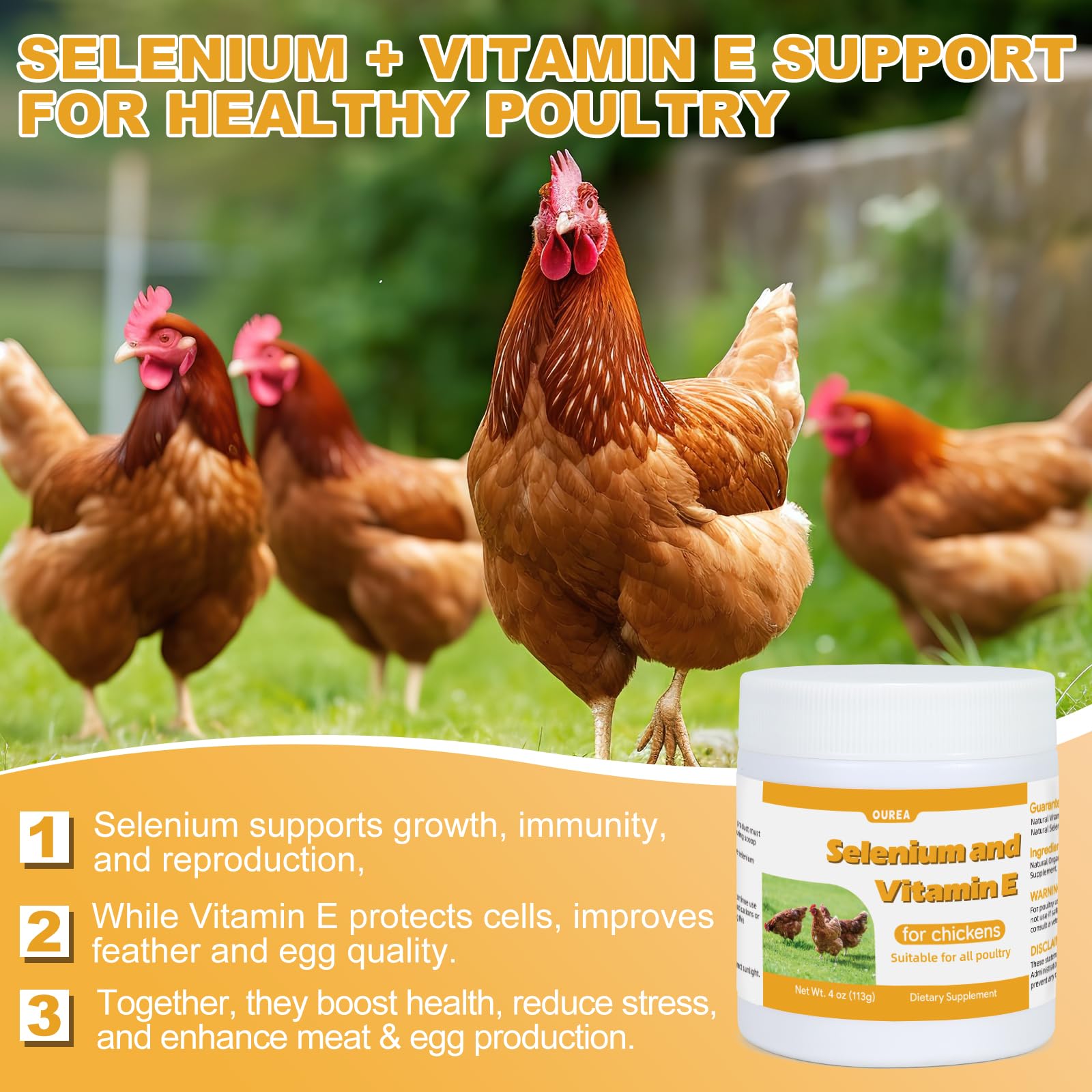 Selenium and Vitamin E Powder for Chickens, Selenium for Chickens, Immune System, Muscle Support & Prevents, Improve Wry Neck, Selenium, Vitamin E Supplements, Suitable for All Poultry, Chicken & More — Amazon image 4