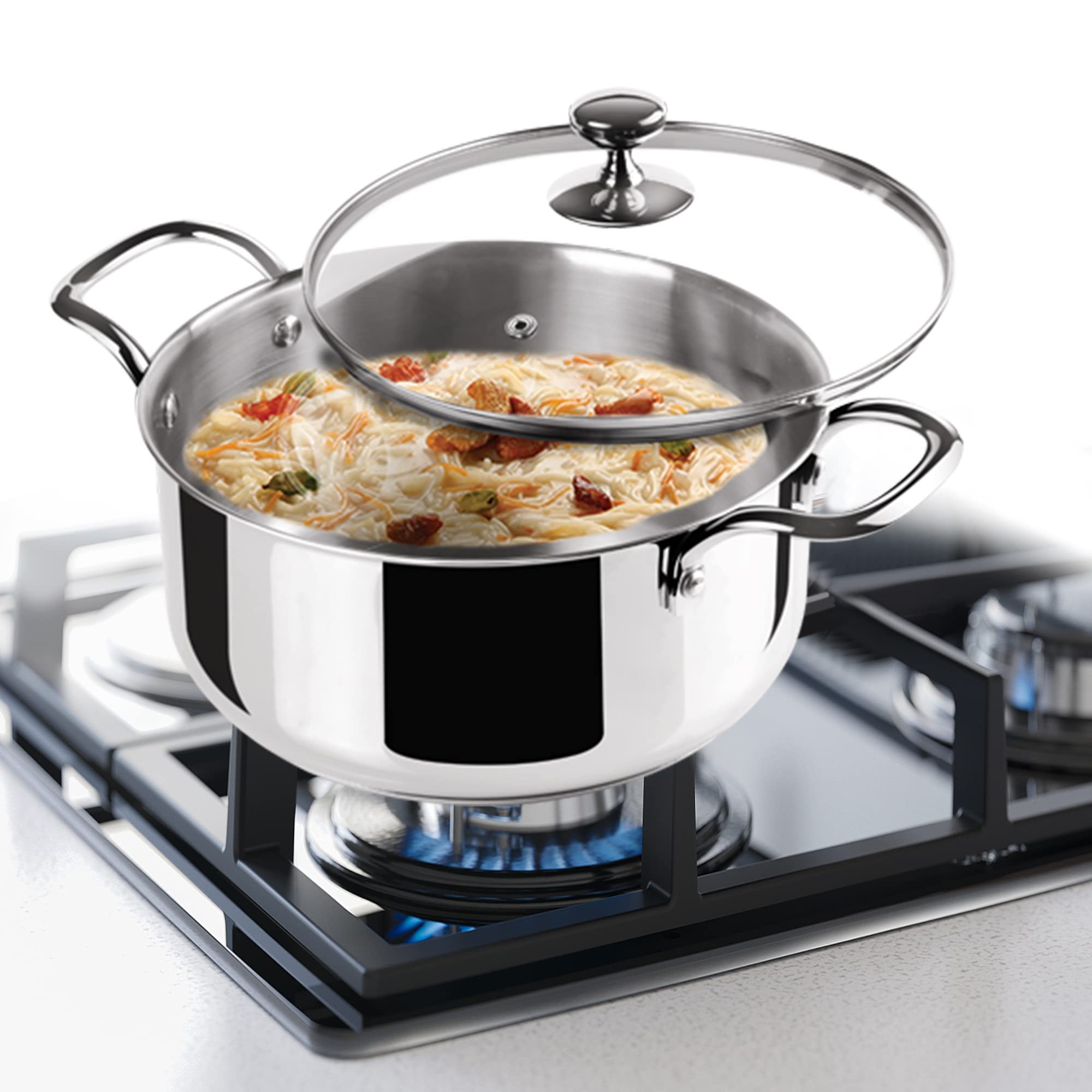 MILTON Pro cook Triply Stainless-Steel Casserole Handi/Stock Pot/Biryani Pot with Glass Lid 18 cm, 2.3 Litre, Cook-N-Serve Bowl, Gas and Induction Friendly, 2 Years Warranty-image-8