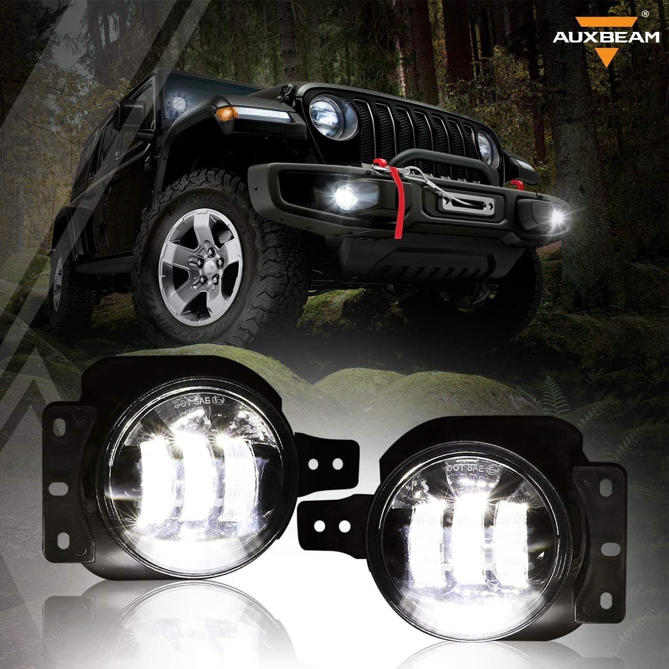 Auxbeam 4" LED Fog Lights for Jeep Wrangler JL JLU 2018-2020 w/ 2 Brackets, 4 Inch Round LED Fog Lamps for Jeep Gladiator JT, LED Fog Light Assembly Kit for JL (4" Round LED Fog Lights No Angel Eye)