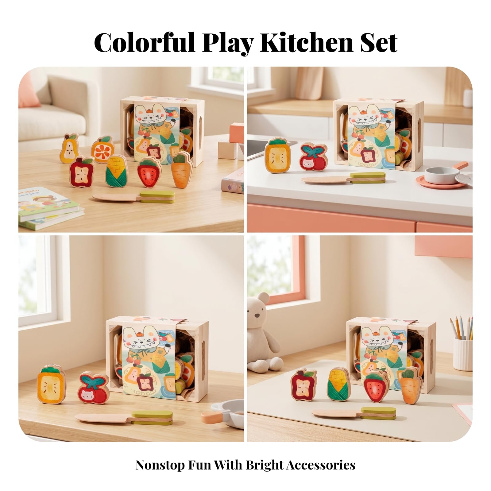 Holz-Lebensmittelset Bedruckt Holz-Spiellebensmittel Griffausschnitte Kaufladen Zubehör Set für Rollenspiel, Pappelholz Desserts