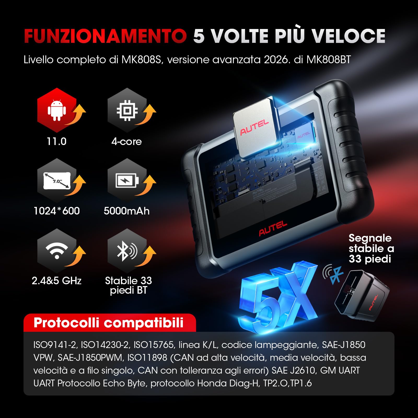 Autel MaxiCOM MK808K-BT Scanner: come MK808BT Pro Diagnosi Auto Professionale, 2025 MX808S Aggiornamento MK808S, BT Versione di MX900, Funzione come MK900-BT, Test Attivo, Test Batteria, Android 11