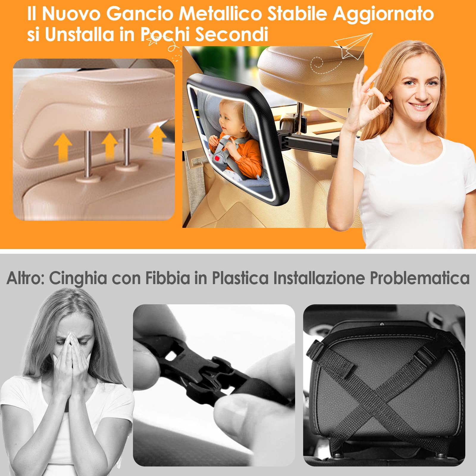Specchietto Retrovisore Bambini Specchio Auto Bambino con Luce e telecomando 360° Orientabili 100% Infrangibile Specchietto Retrovisore Auto,Specchio Macchina Neonati Sedile Posteriore Ampio Chiaro