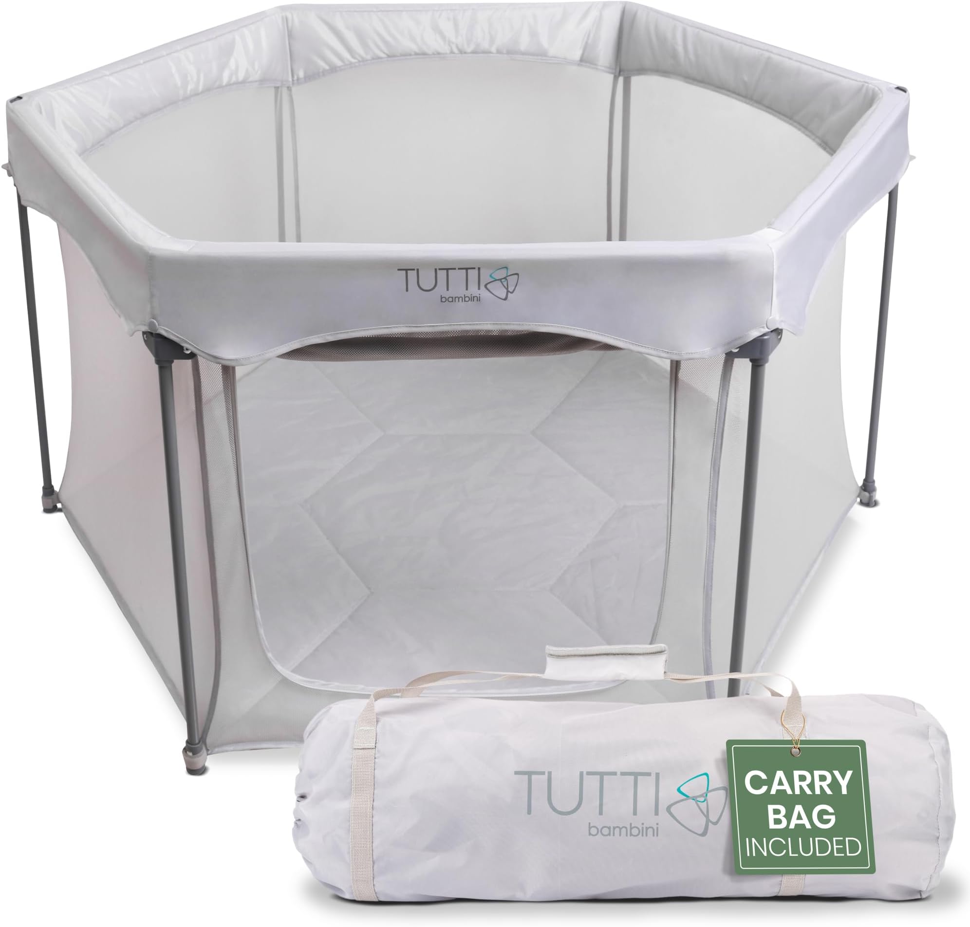 Tutti Bambini Baby & Playpen - Foldable Playpen for Toddlers with Breathable Mesh Walls, Padded Frame, Zip Door & Fitted Mat, Travel Bag (135 x 135 x 75 cm), Silver