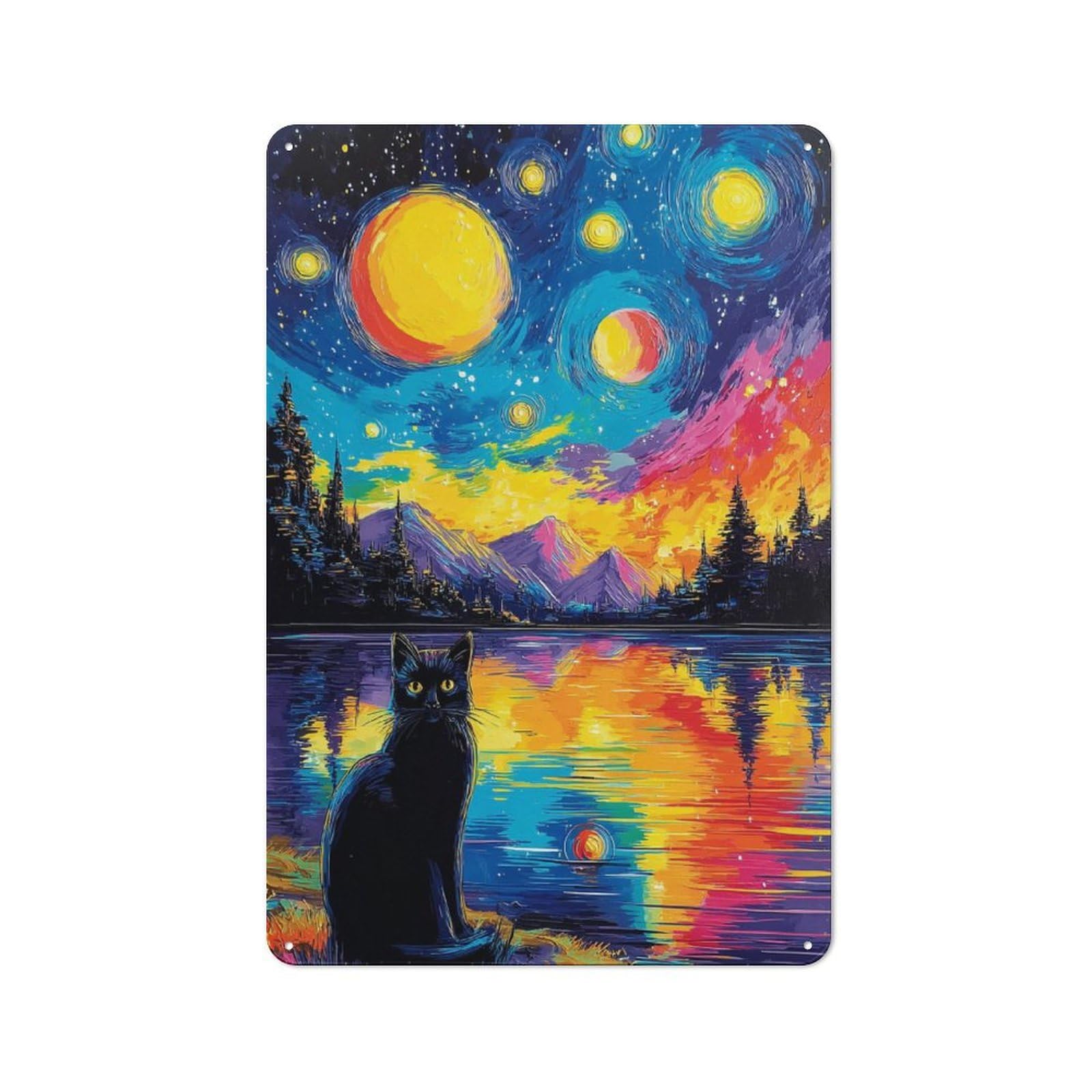 Junmoney Starry Night Cat Reflections Decorative Metal Plaque, Easy To Hang Plaque For Garden Shed, Covered Patio, Kitchen Or Hallway, 30X20cm