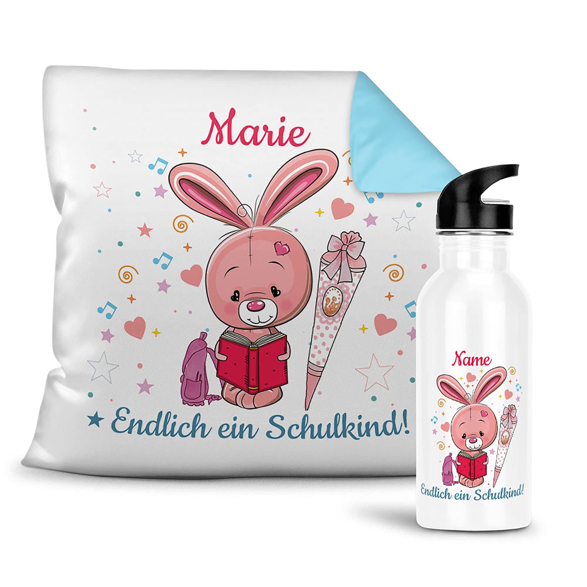 Geschenk-Set aus Trinkflasche und Kissen - Endlich ein Schulkind - Zur Einschulung für Mädchen - mit Wunschname personalisieren - Einschulungsgeschenk - Kissen Rückseite Hellblau - Flasche weiß, 600ml