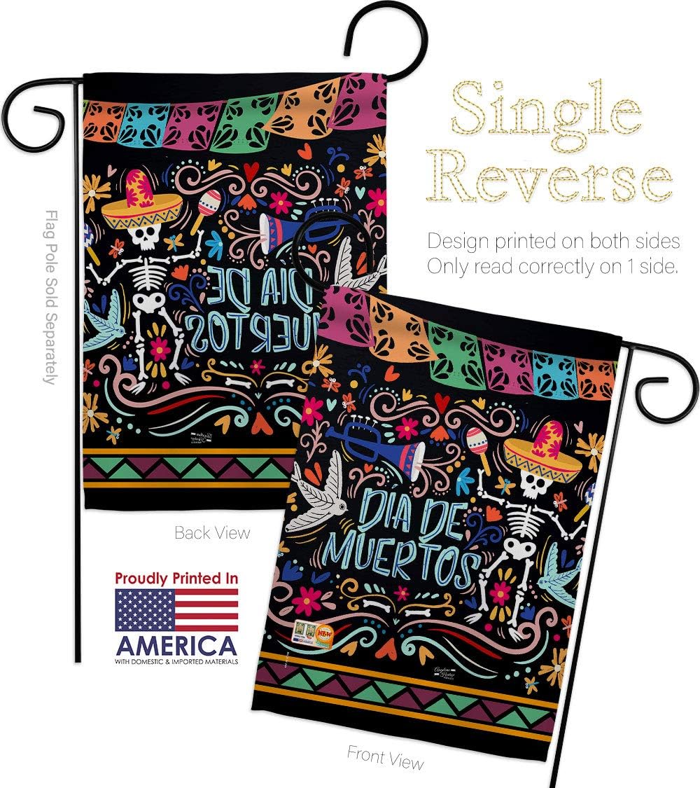 Colorful Dia de Muertos Garden Flag Set Wall Holder Falltime Day of Dead Los Fiesta Mexican Party Autumntime Small Decorative Gift Yard House Banner Made In USA 13 X 18.5